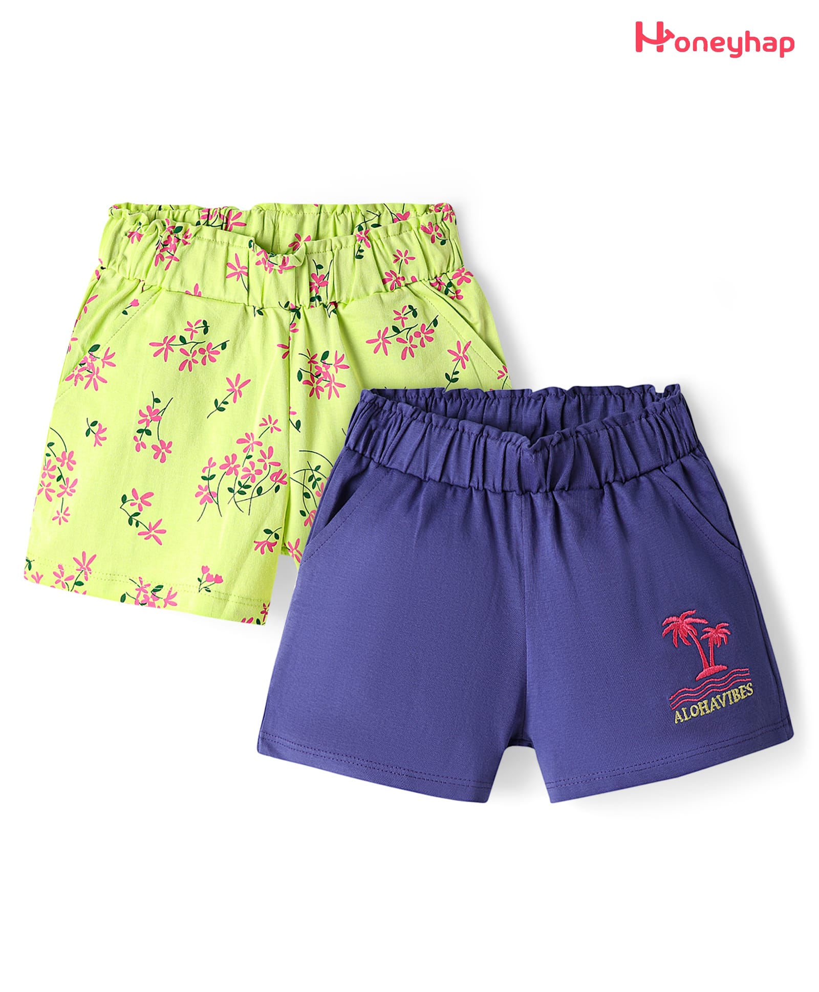 Honeyhap Premium 100% Cotton Knit With Bio Finish Shorts With Floral Print & Aloha Vibes Text Embroidery Pack of 2 - Sunny Lime Limoges-picture-11