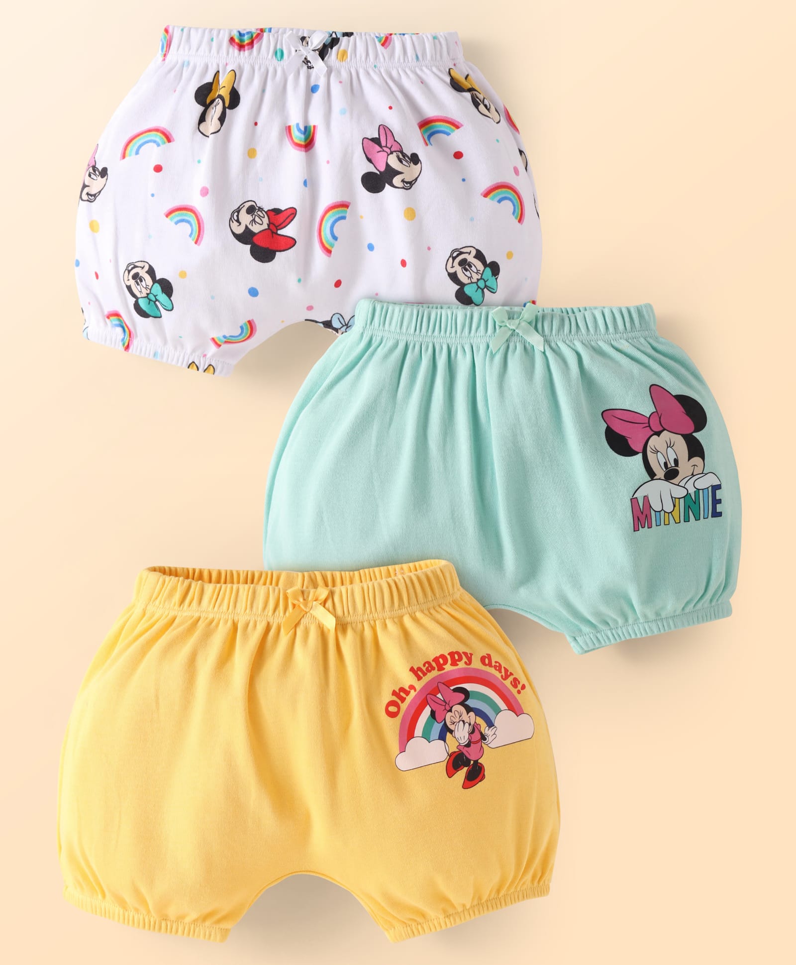 Babyhug Disney Interlock Knit Bloomer With Minnie Mouse Graphics Pack Of 3 - Lavender Yellow & Mint-image-43