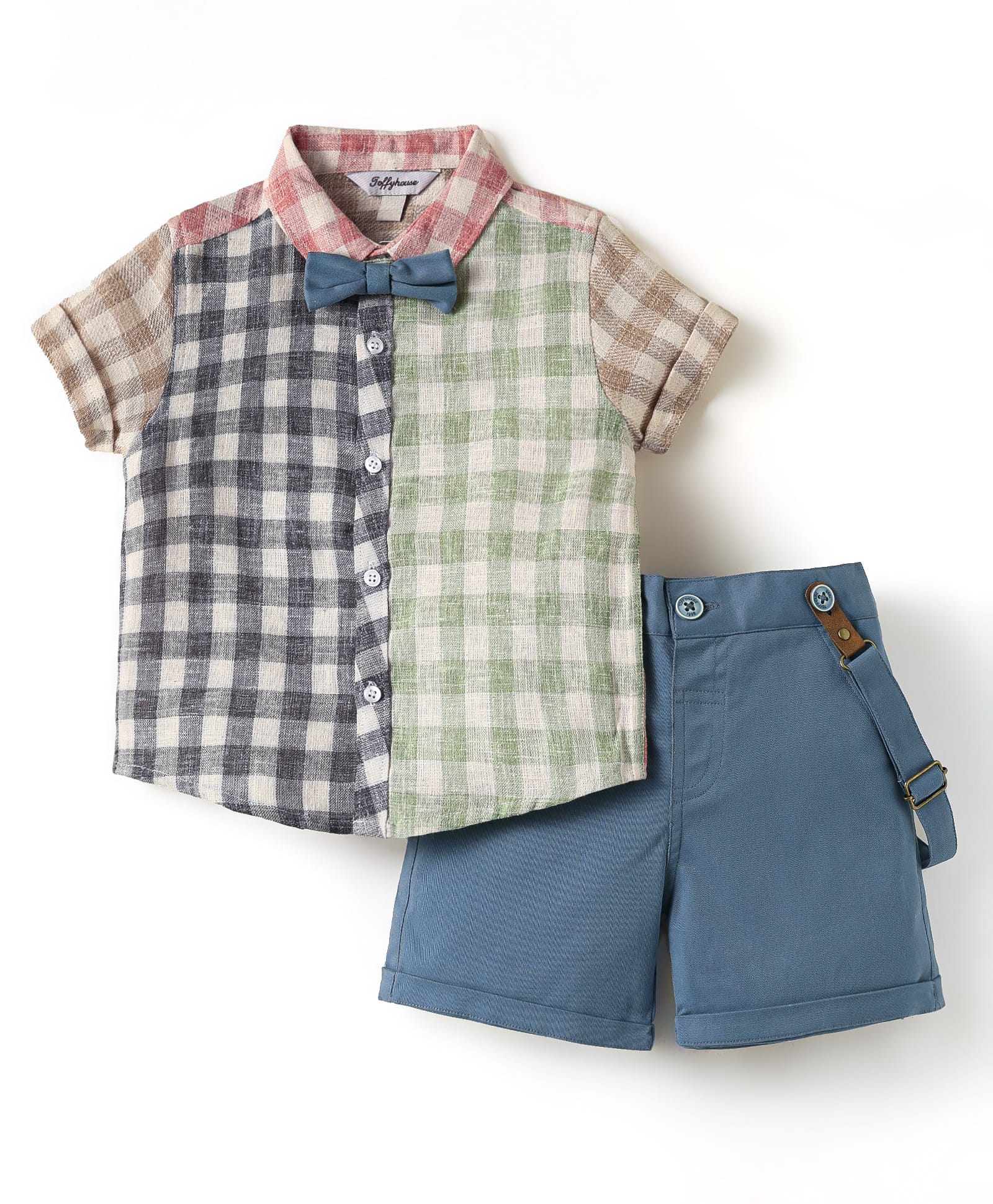 ToffyHouse Poplin Woven Half Sleeves Checks Shirt & Shorts With Bow & Suspender - Multicolor-picture-19