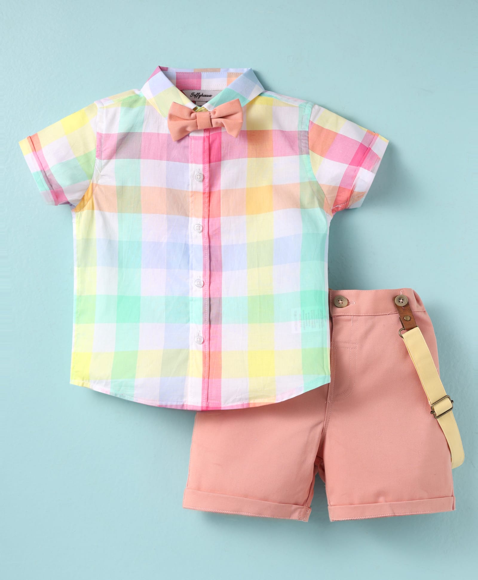 ToffyHouse Poplin Woven Half Sleeves Checks Shirt & Shorts With Bow & Suspender - Multicolor-image-49
