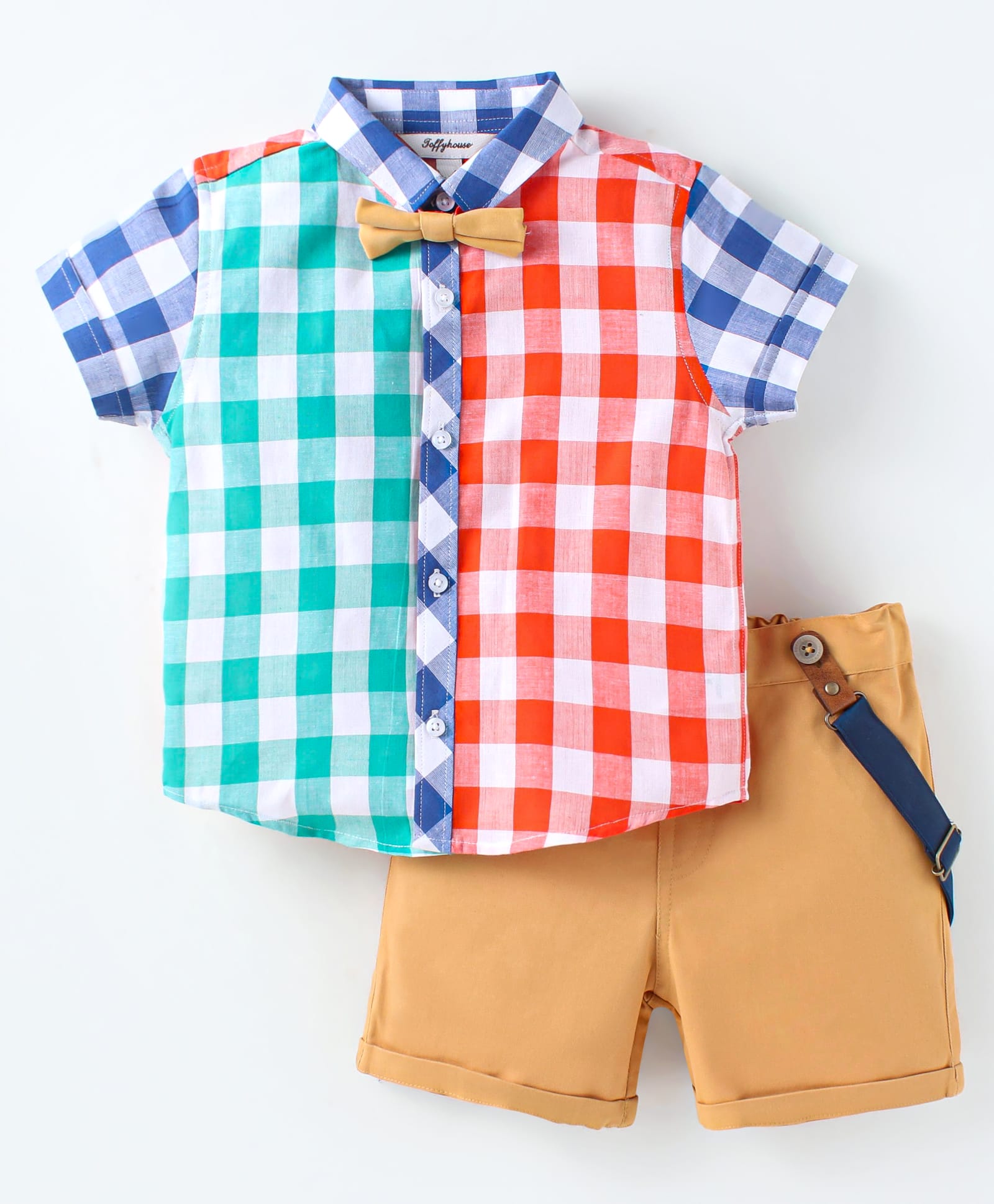 ToffyHouse Poplin Woven Half Sleeves Checks Shirt & Shorts Set with Bow & Suspender - Red Light Blue Tan-image-41