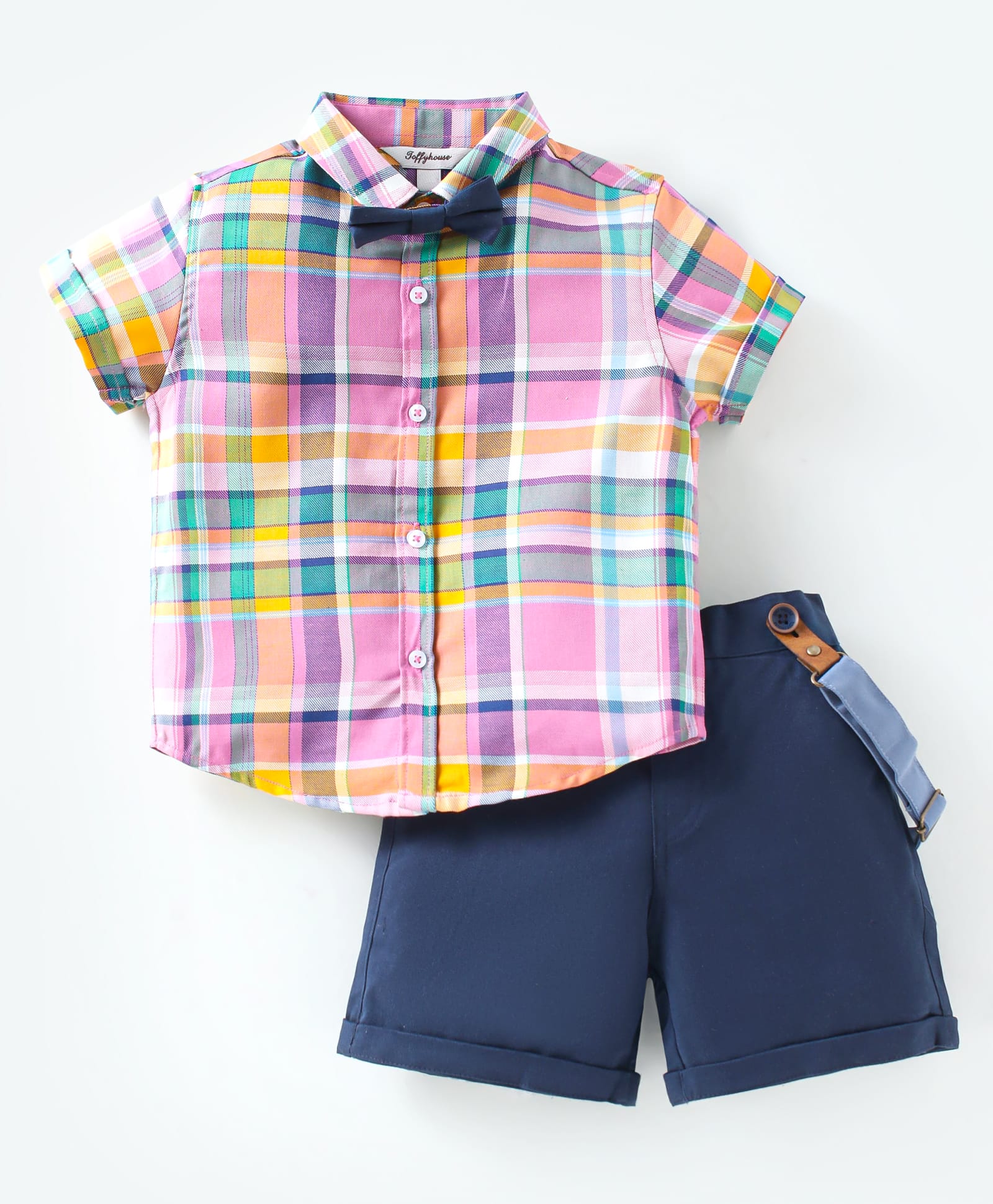 ToffyHouse Poplin Woven Half Sleeves Checks Shirt & Shorts Set with Bow & Suspender - Navy Blue Pink-image-29