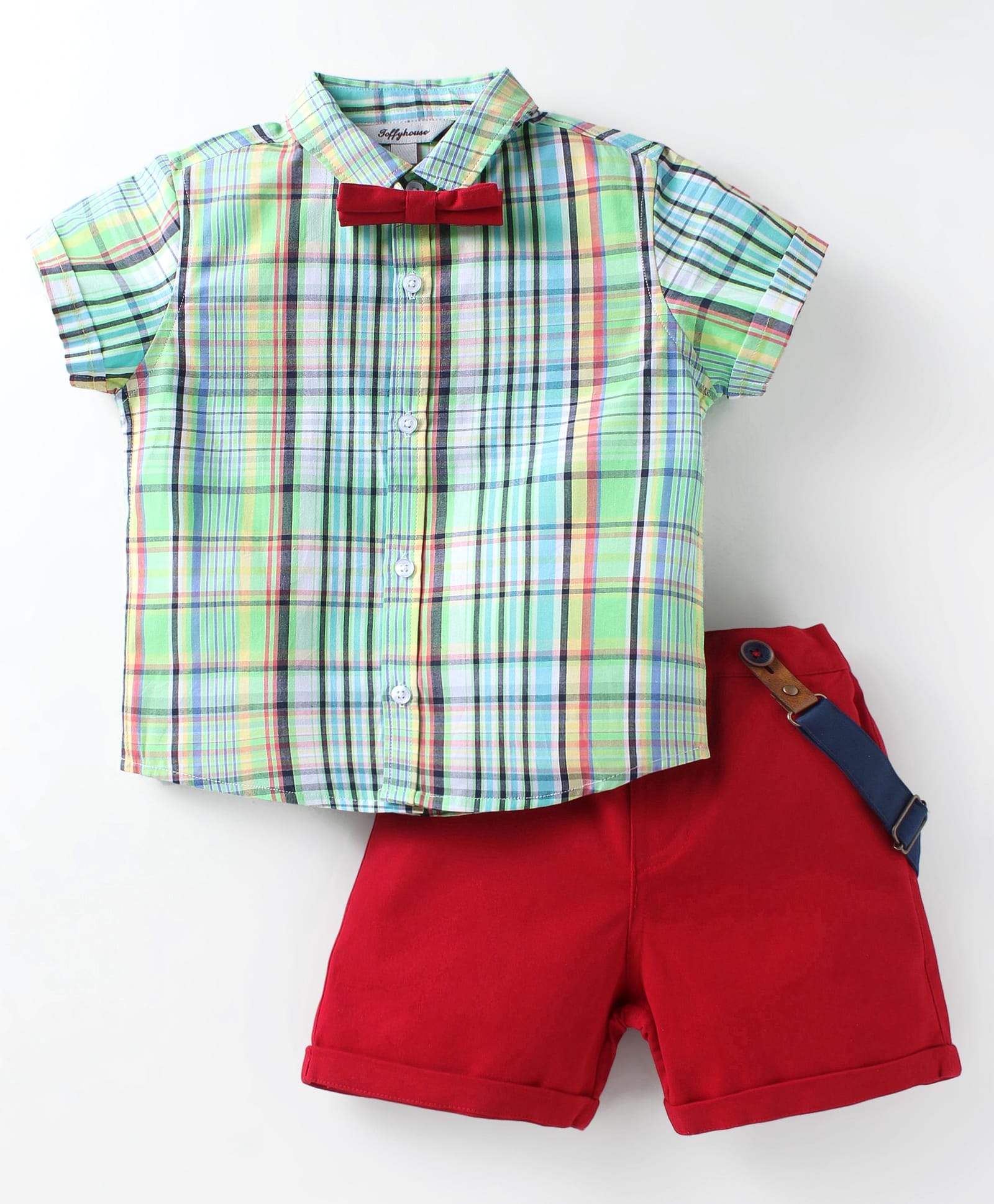 ToffyHouse Poplin Woven Half Sleeves Checks Shirt & Shorts Set with Bow & Suspender - Green Red-image-16