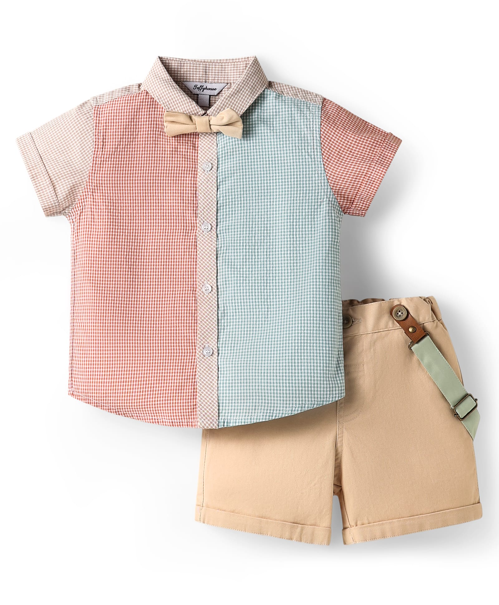 ToffyHouse Poplin Woven Half Sleeves Checks Shirt & Shorts With Bow & Suspender - Multicolor-image-28