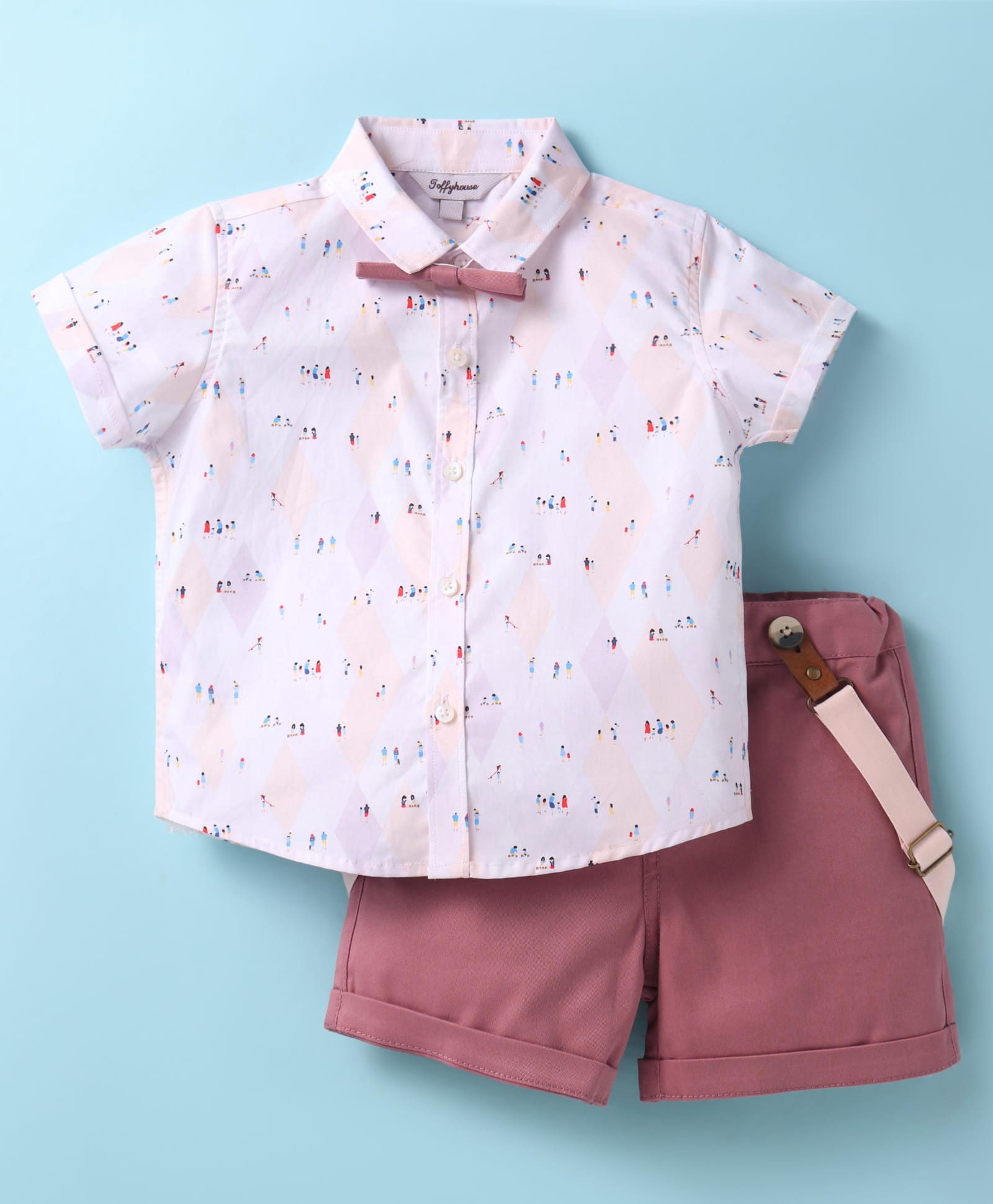ToffyHouse Poplin Woven Half Sleeves Printed Shirt & Shorts With Bow & Suspender - Plum-picture-6
