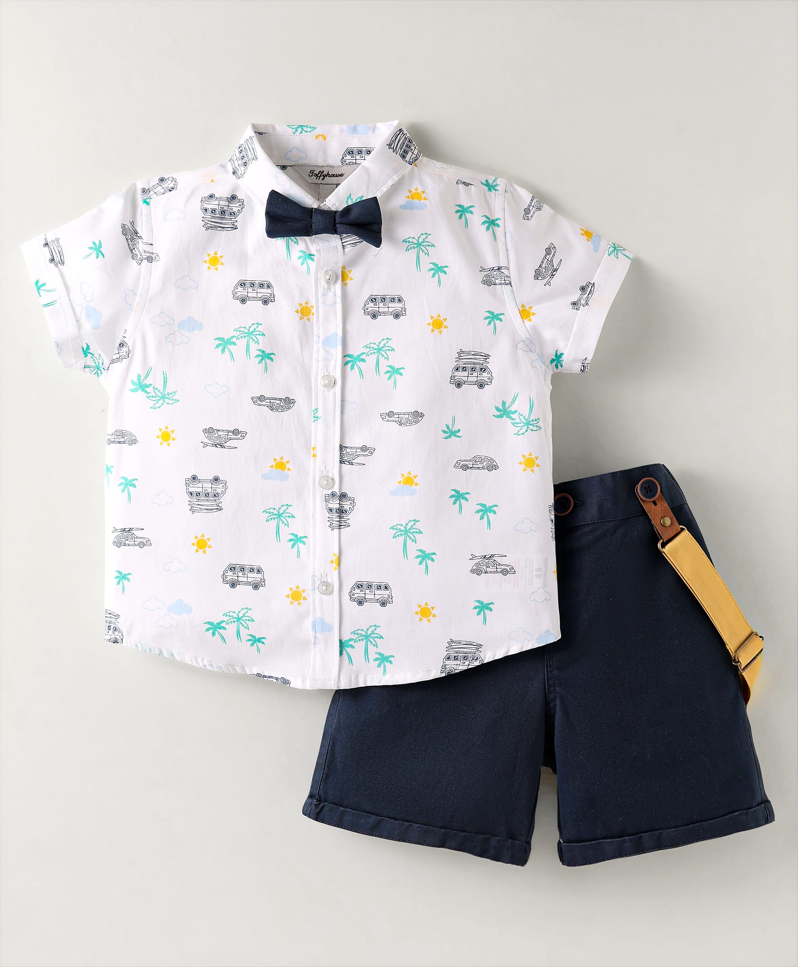ToffyHouse Poplin Woven Half Sleeves Beach Theme Printed Shirt & Shorts With Bow & Suspender - White & Navy Blue-image-38