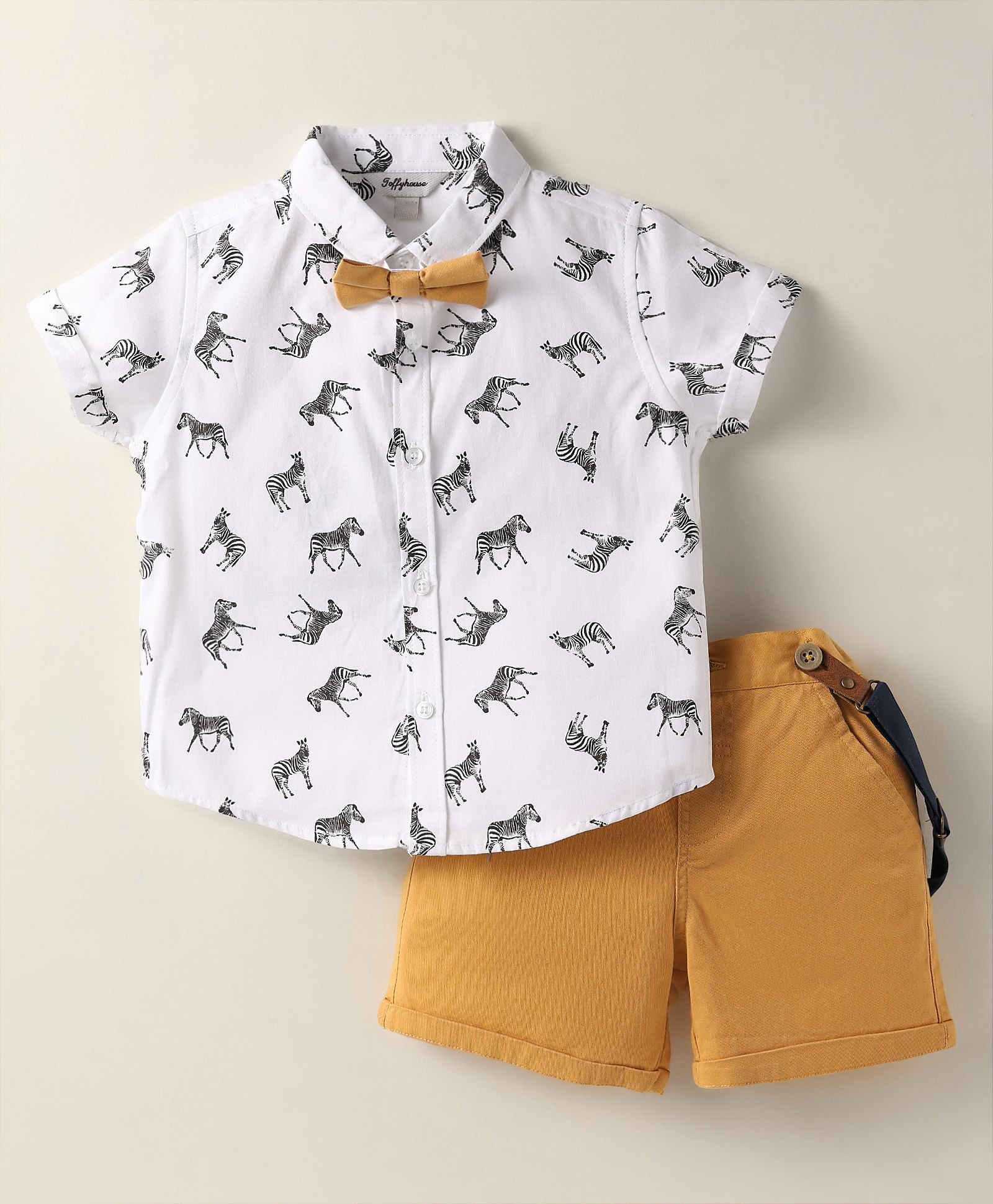 ToffyHouse Poplin Woven Half Sleeves Zebra Printed Shirt & Shorts With Bow & Suspender - White & Mustard-image-7