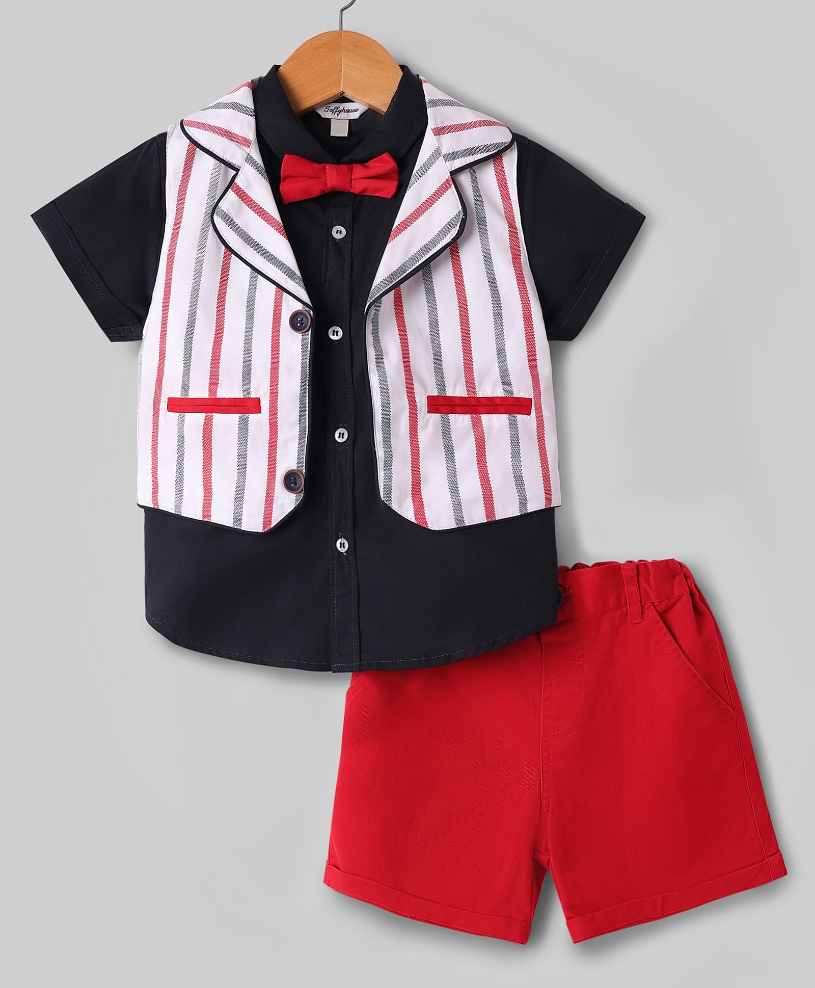 ToffyHouse Cotton Woven Half Sleeves 3 Piece Party Suit With Bow - Multi Colour-image-6