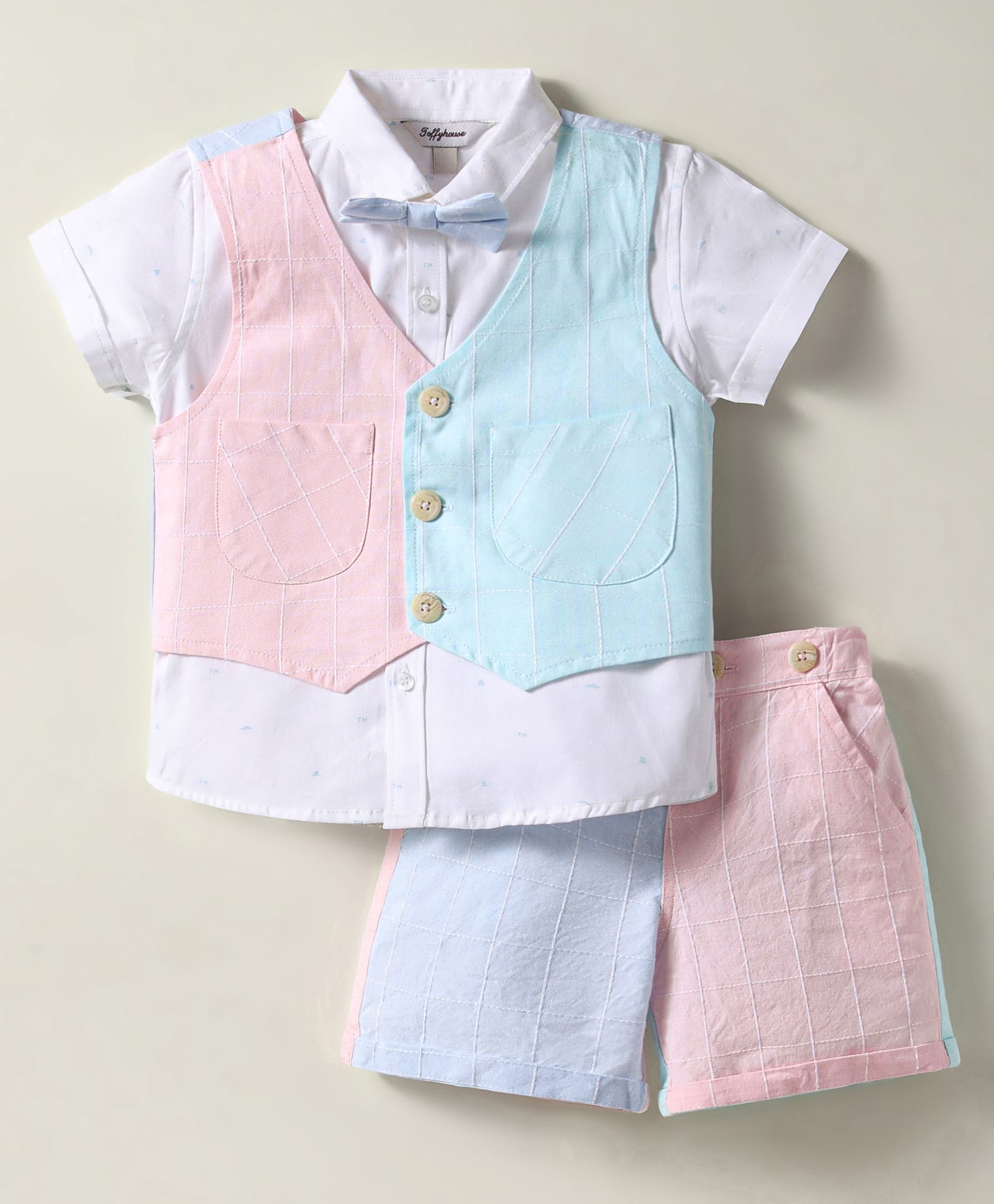 ToffyHouse Cotton Woven Half Sleeves Checkered 3 Piece Party Suit with Bow - Pink White & Light Blue-picture-21
