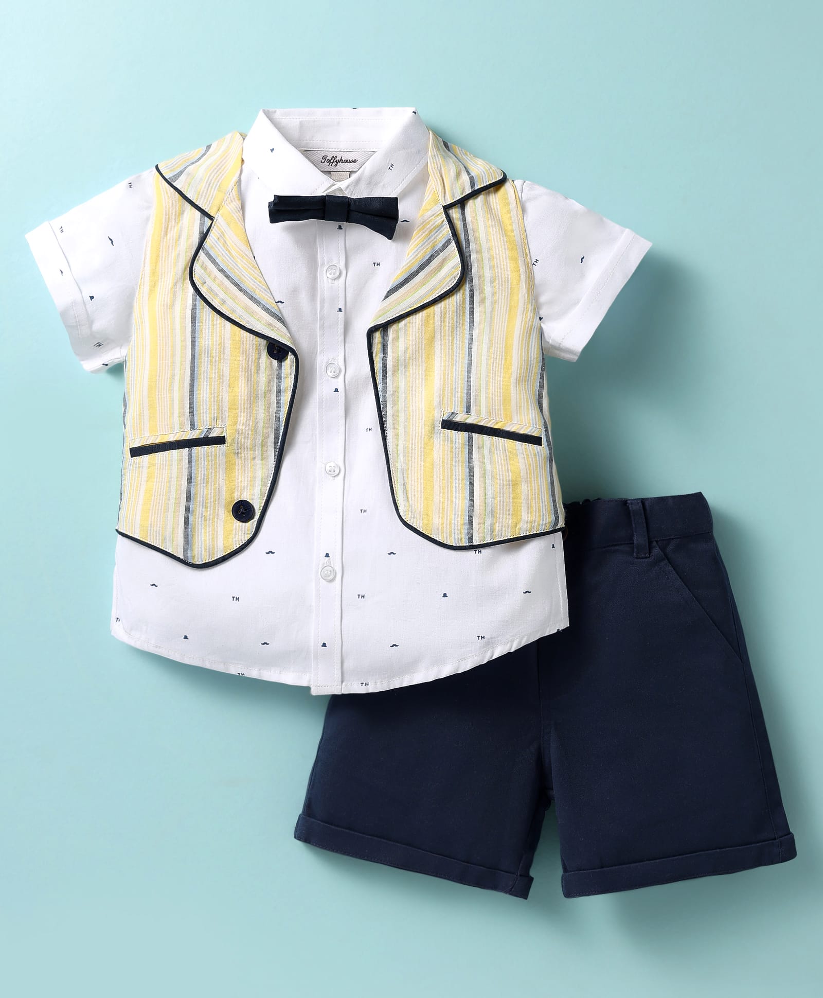 ToffyHouse Cotton Woven Half Sleeves 3 Piece Printed Party Suit With Bow - White & Navy Blue-image-32