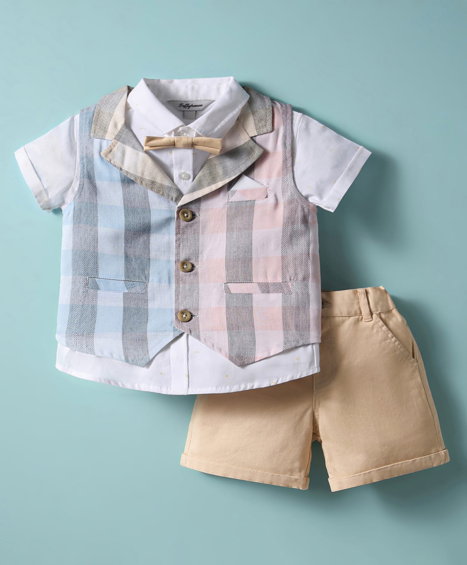 ToffyHouse Cotton Woven Half Sleeves Checkered 3 Piece Party Suit with Bow - White & Beige-picture-14