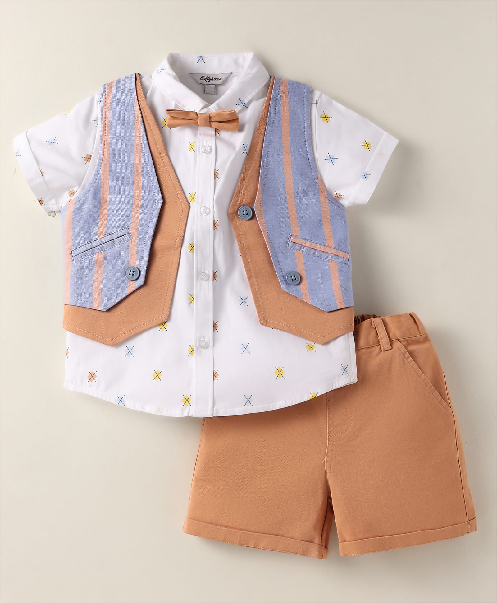 ToffyHouse Cotton Woven Half Sleeves Checks 3 Piece Party Suit With Bow & Stripes - Tan-image-20