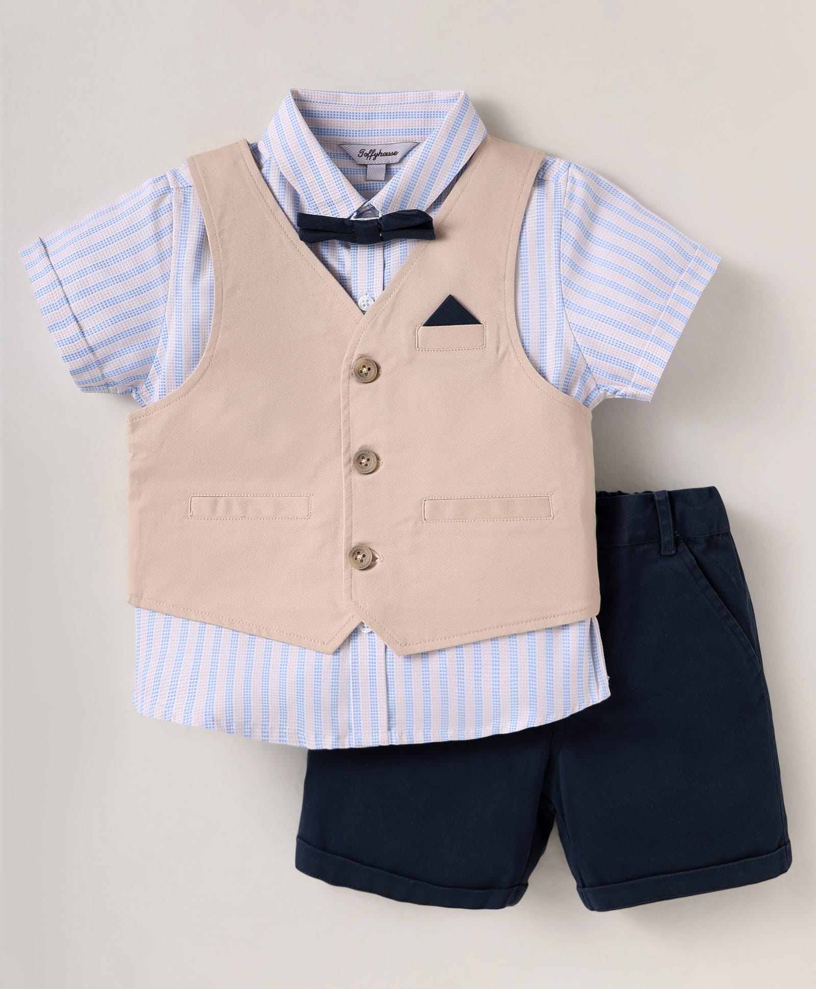 ToffyHouse Cotton Woven Half Sleeves Striped 3 Piece Party Suit With Bow - Beige White & Navy Blue-image-49