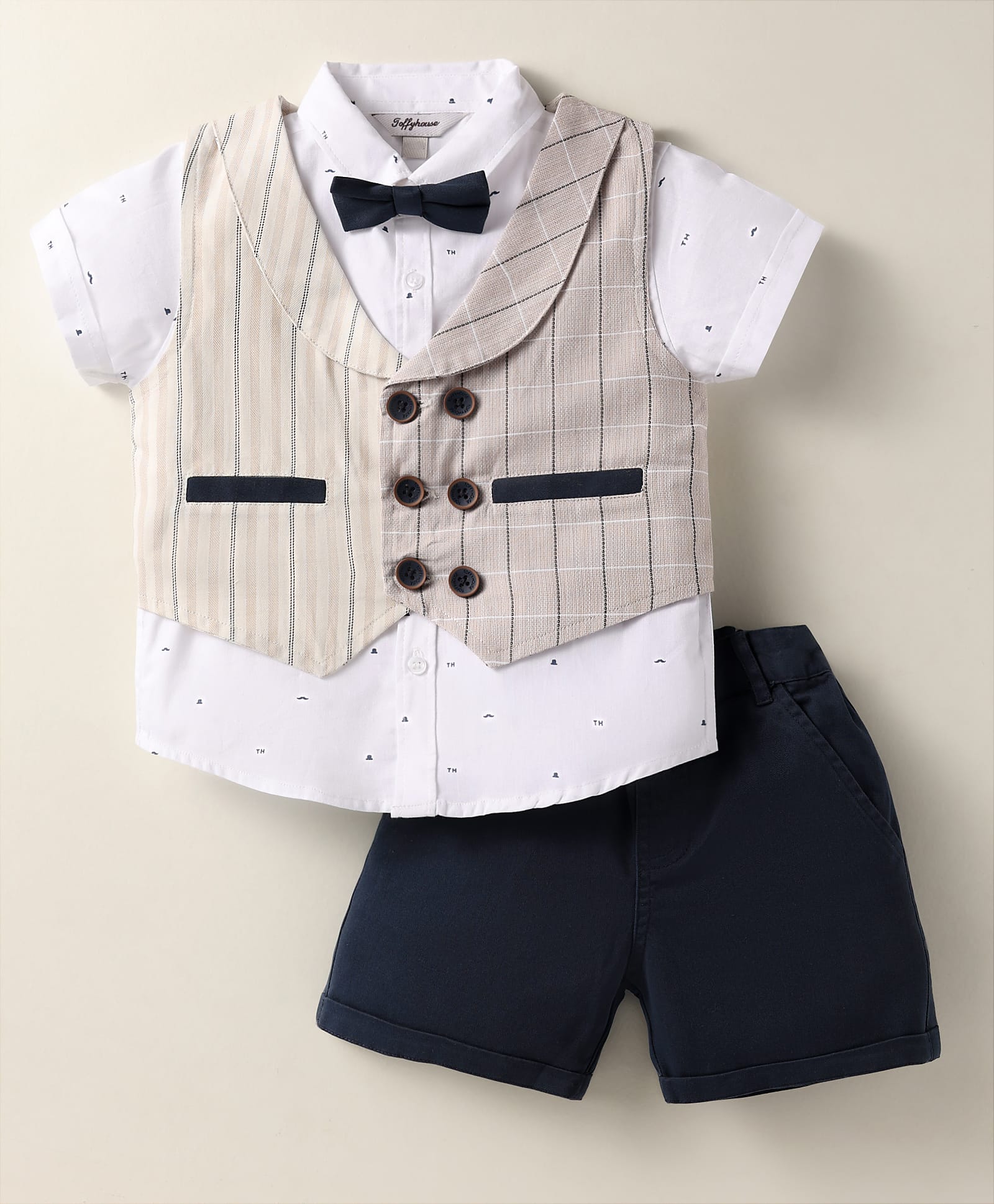 ToffyHouse Cotton Woven Half Sleeves Checks 3 Piece Party Suit With Bow - Navy Blue-image-32