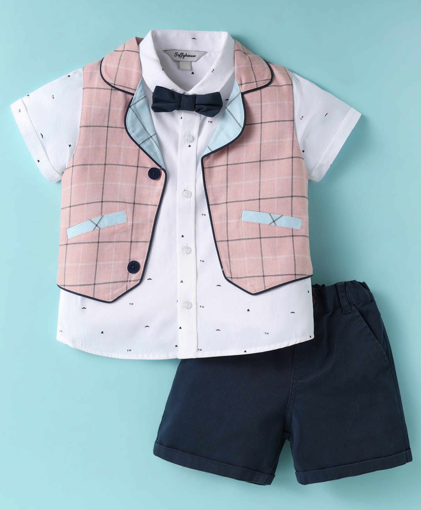 ToffyHouse Cotton Woven Half Sleeves Checks 3 Piece Party Suit With Bow - White Pink & Navy Blue-picture-48