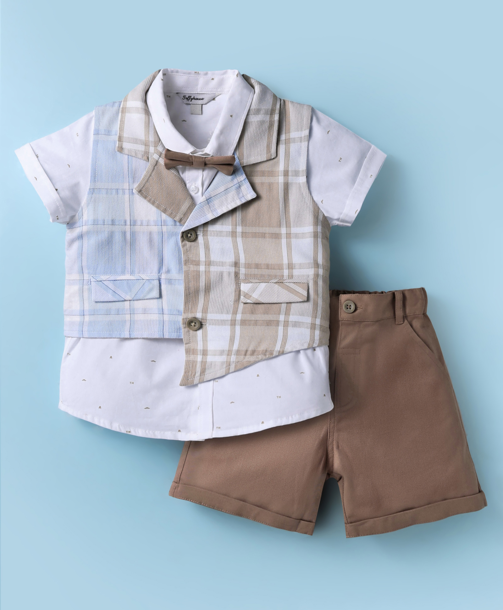 ToffyHouse Cotton Woven Half Sleeves Checks 3 Piece Party Suit With Bow - Tan-picture-5