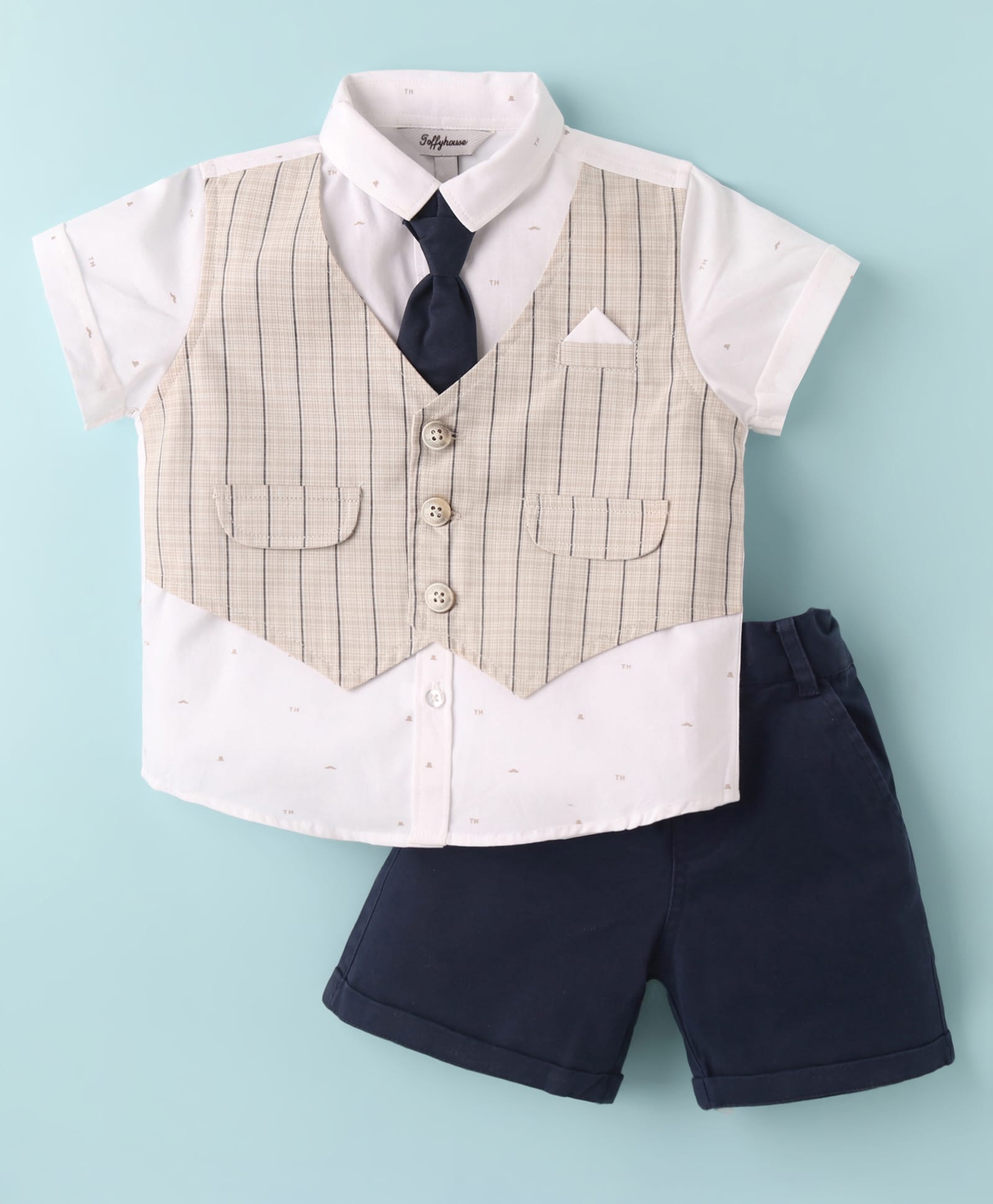 ToffyHouse Cotton Woven Half Sleeves Printed Shirt & Shorts With Attached Waistcoat & Tie - White & Navy Blue-image-7