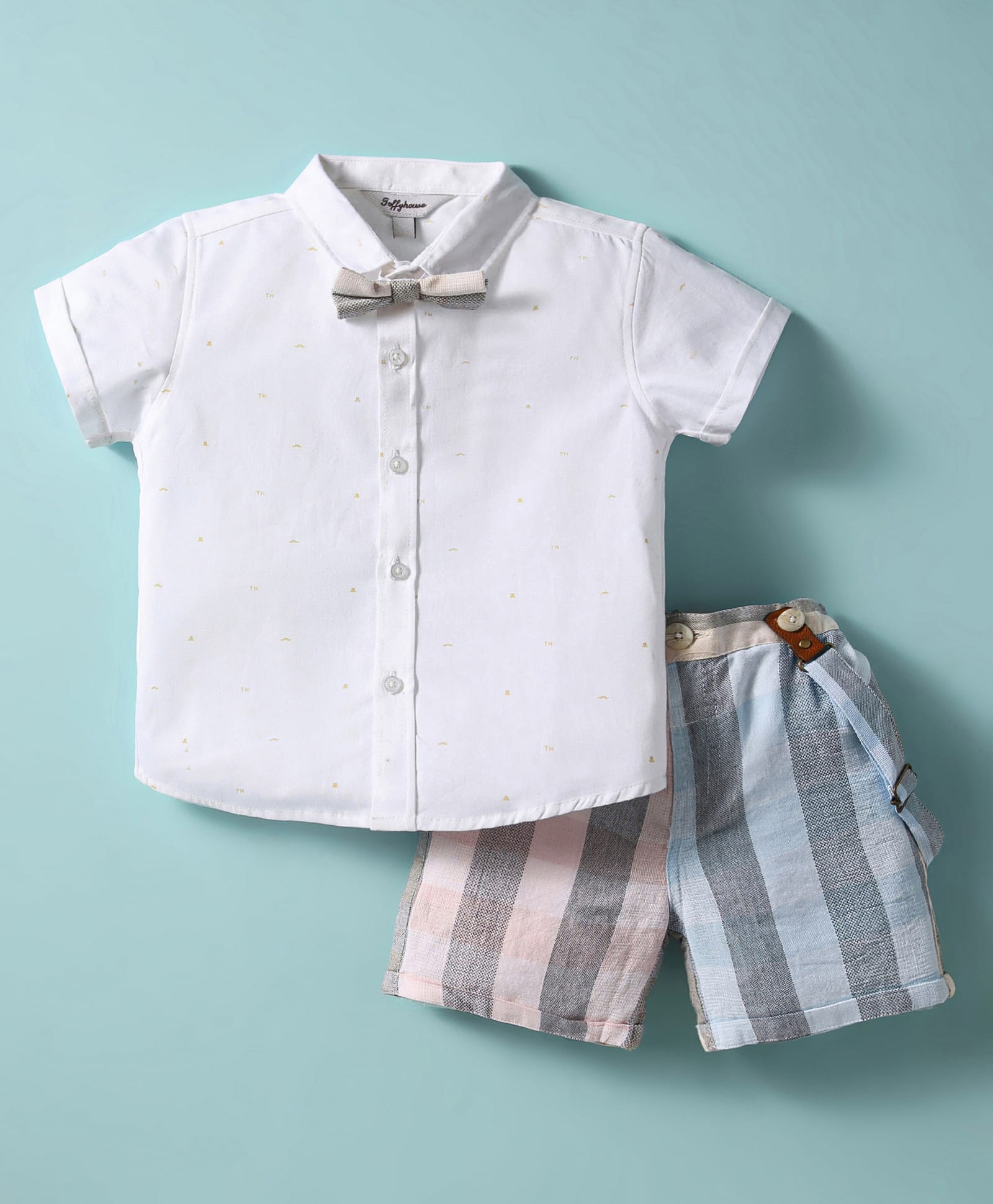 ToffyHouse Poplin Woven Half Sleeves Printed Shirt & Striped Shorts Set with Bow & Suspender - White-picture-5