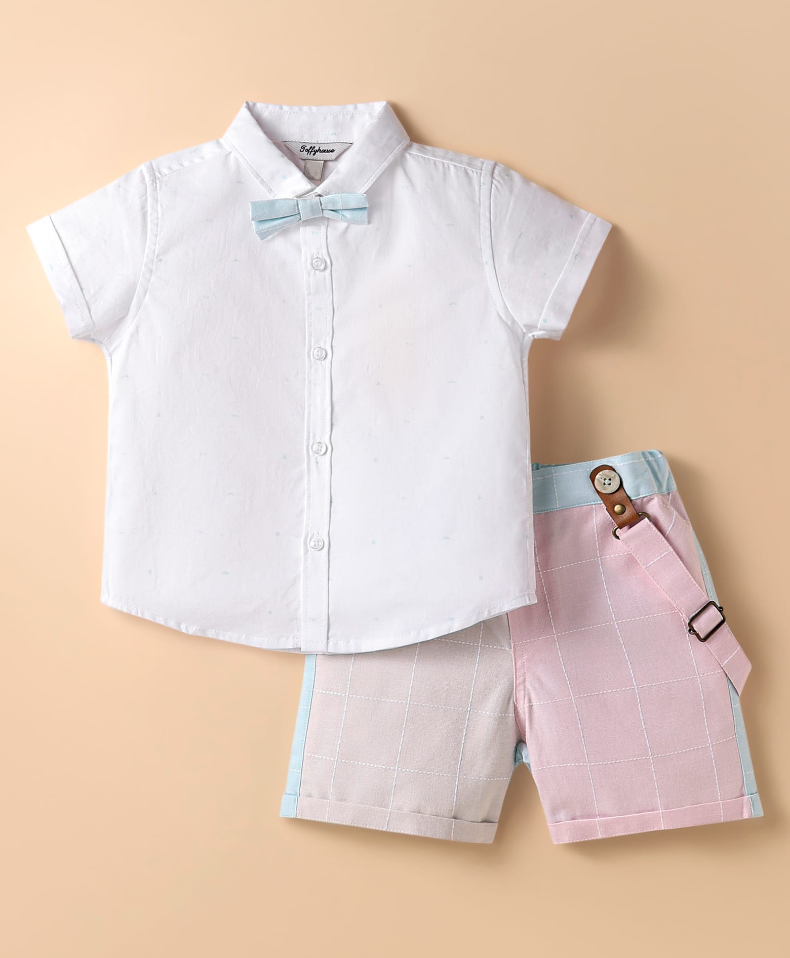 ToffyHouse 100% Woven Cotton Half Sleeves Yarn Dyed Solid Shirt & Checks Shorts Set with Suspender & Bow Tie - White & Pink-image-7
