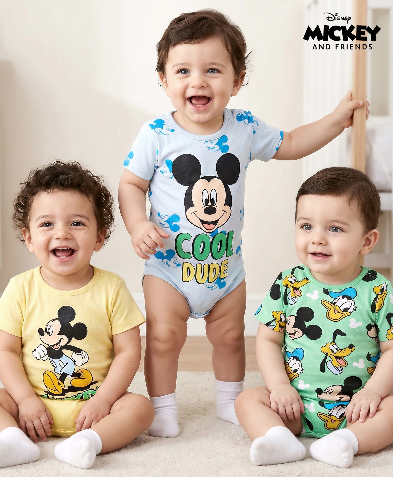 Babyhug Disney Interlock Knit Half Sleeves Onesies With Mickey Mouse Graphics Pack of 3 - Yellow Grey & Green-picture-18