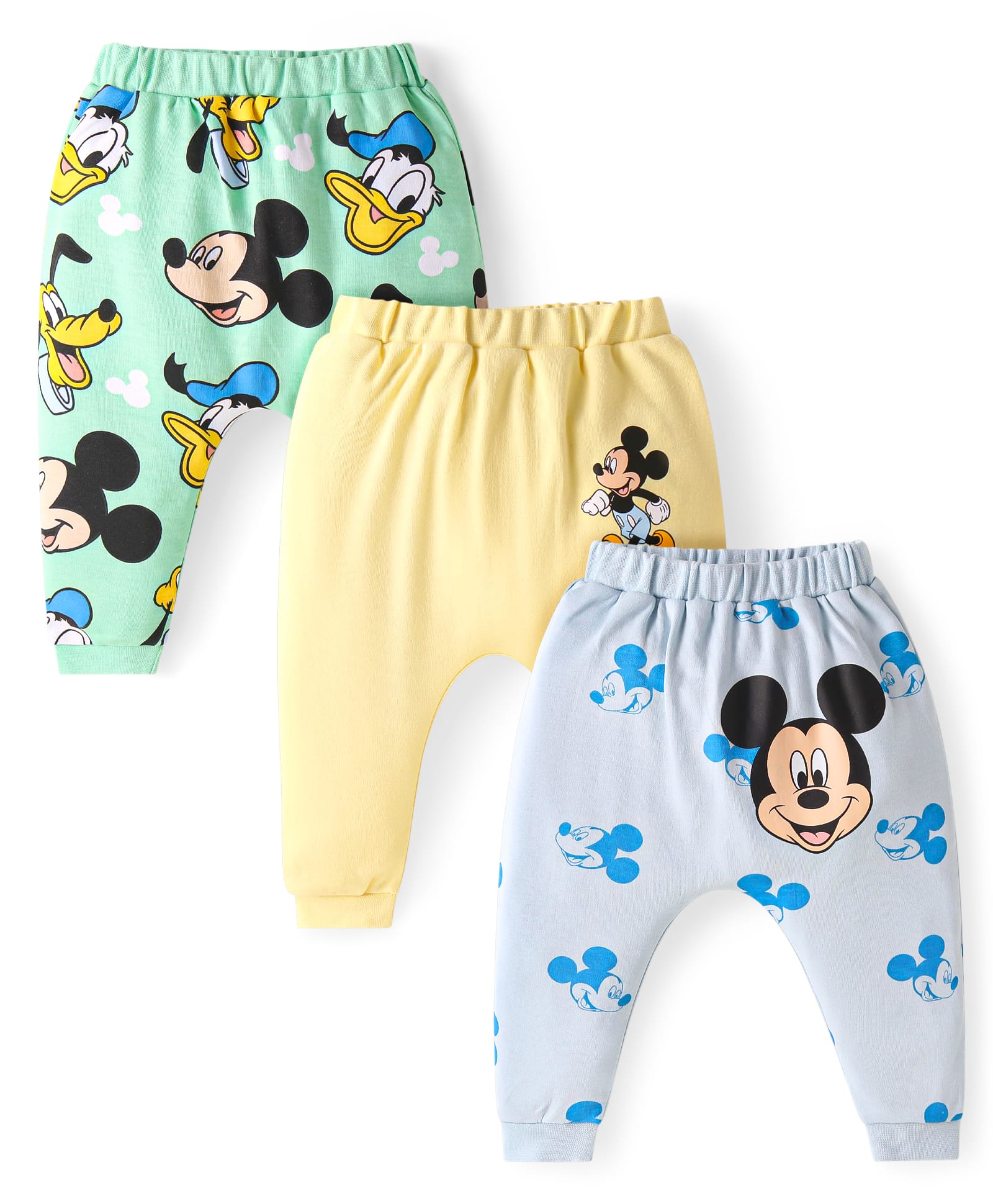 Babyhug Disney Interlock Knit Full Length Diaper Leggings with Mickey Mouse Graphics Pack of 3 - Green Light Yellow & Light Blue-image-12