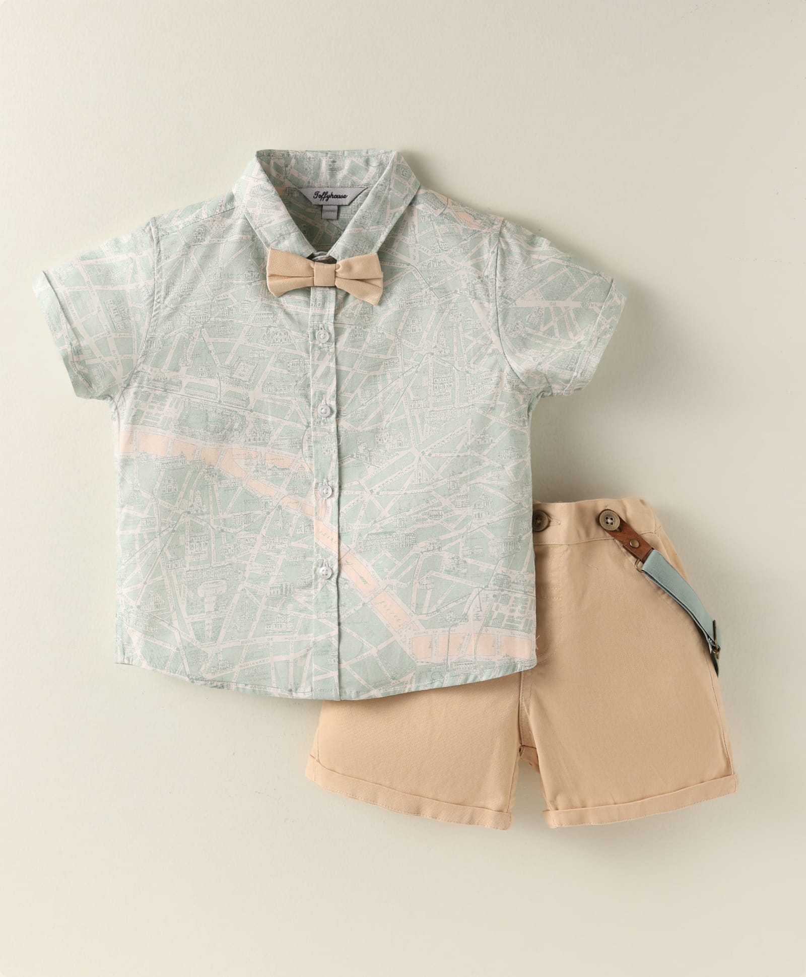 ToffyHouse Poplin Woven Half Sleeves Shirt & Shorts Set with Bow & Suspender with Map Print- Tan & Light Blue-picture-20