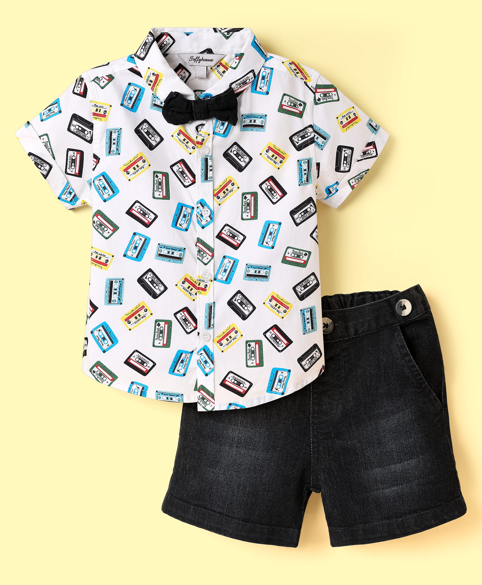 ToffyHouse Poplin Woven Half Sleeves Shirt & Shorts Set with Suspenders & Bow with Cassette Tape Print - White & Navy Blue-picture-45
