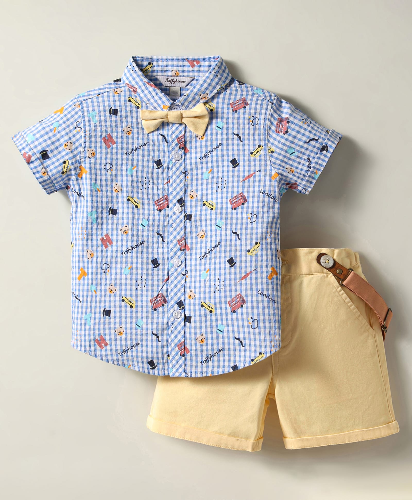 ToffyHouse Poplin Woven Half Sleeves Vehicle Printed Shirt & Shorts Set with Bow & Suspender - Light Blue & Beige-picture-38