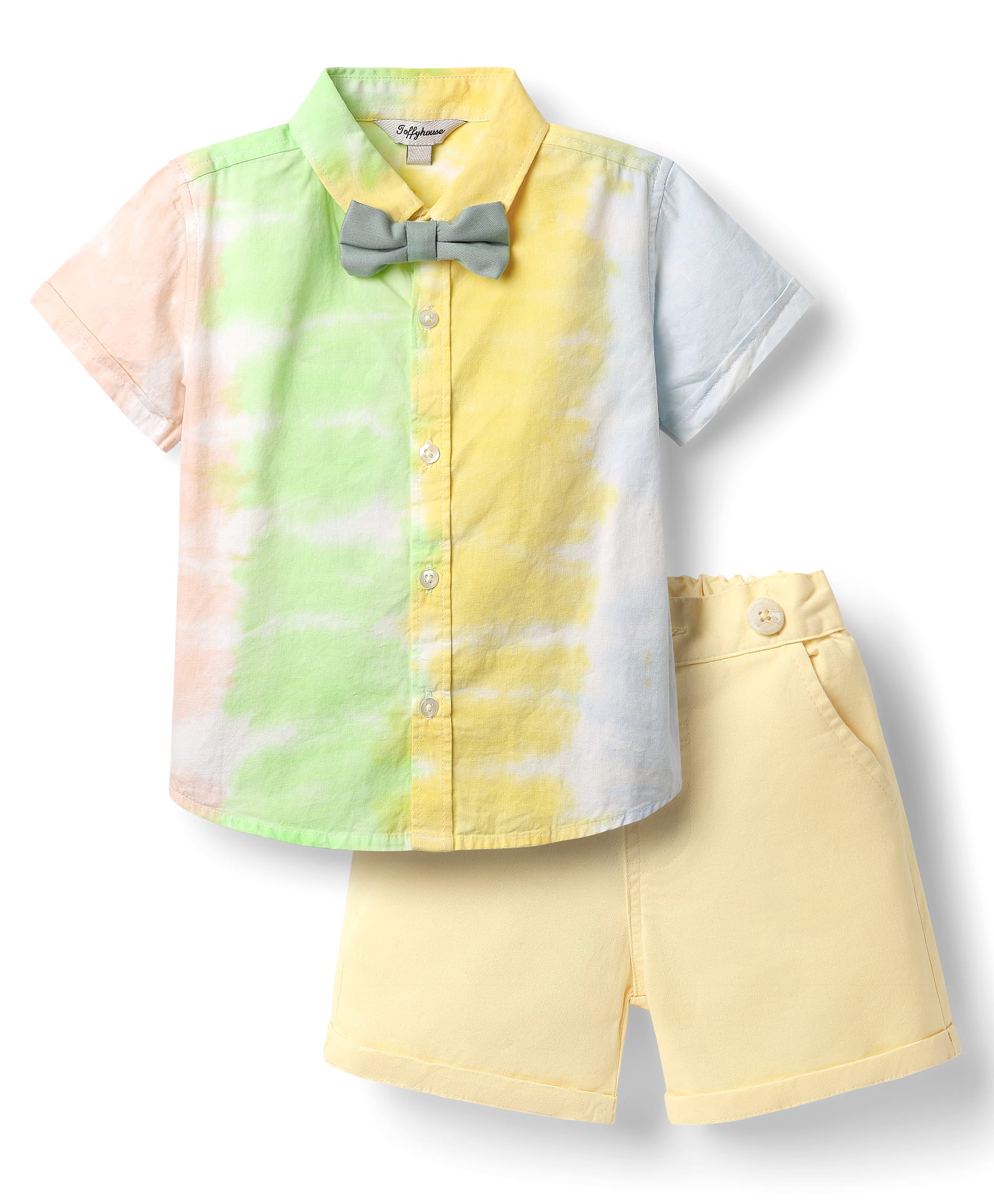 ToffyHouse Poplin Woven Half Sleeves Ombre Shirt & Shorts Set with Suspenders & Bow - Khaki Yellow & Green-picture-21