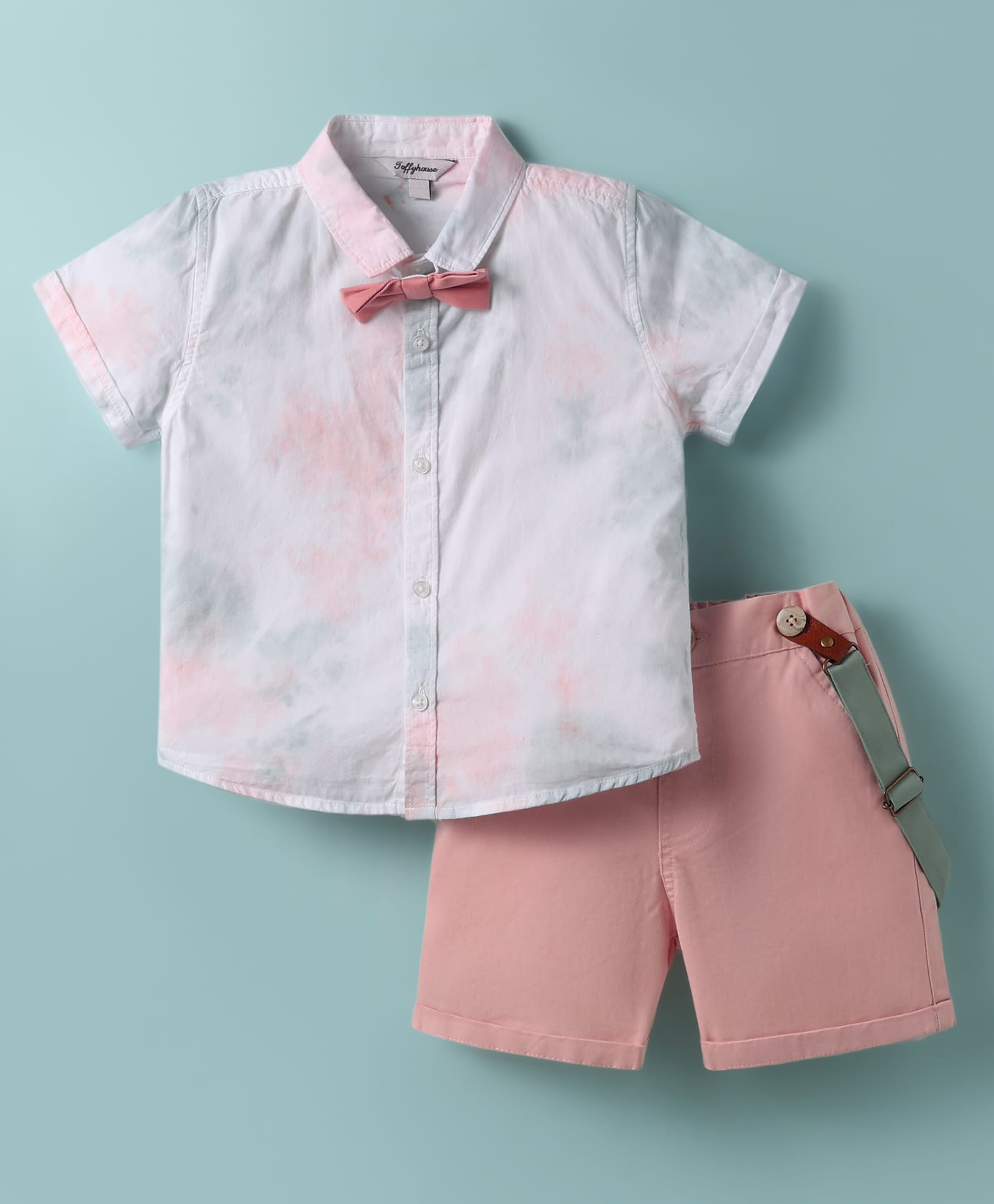 ToffyHouse Poplin Woven Half Sleeves Shirt & Shorts with Suspender & Bow with Tie Dye - Pink & White-image-16