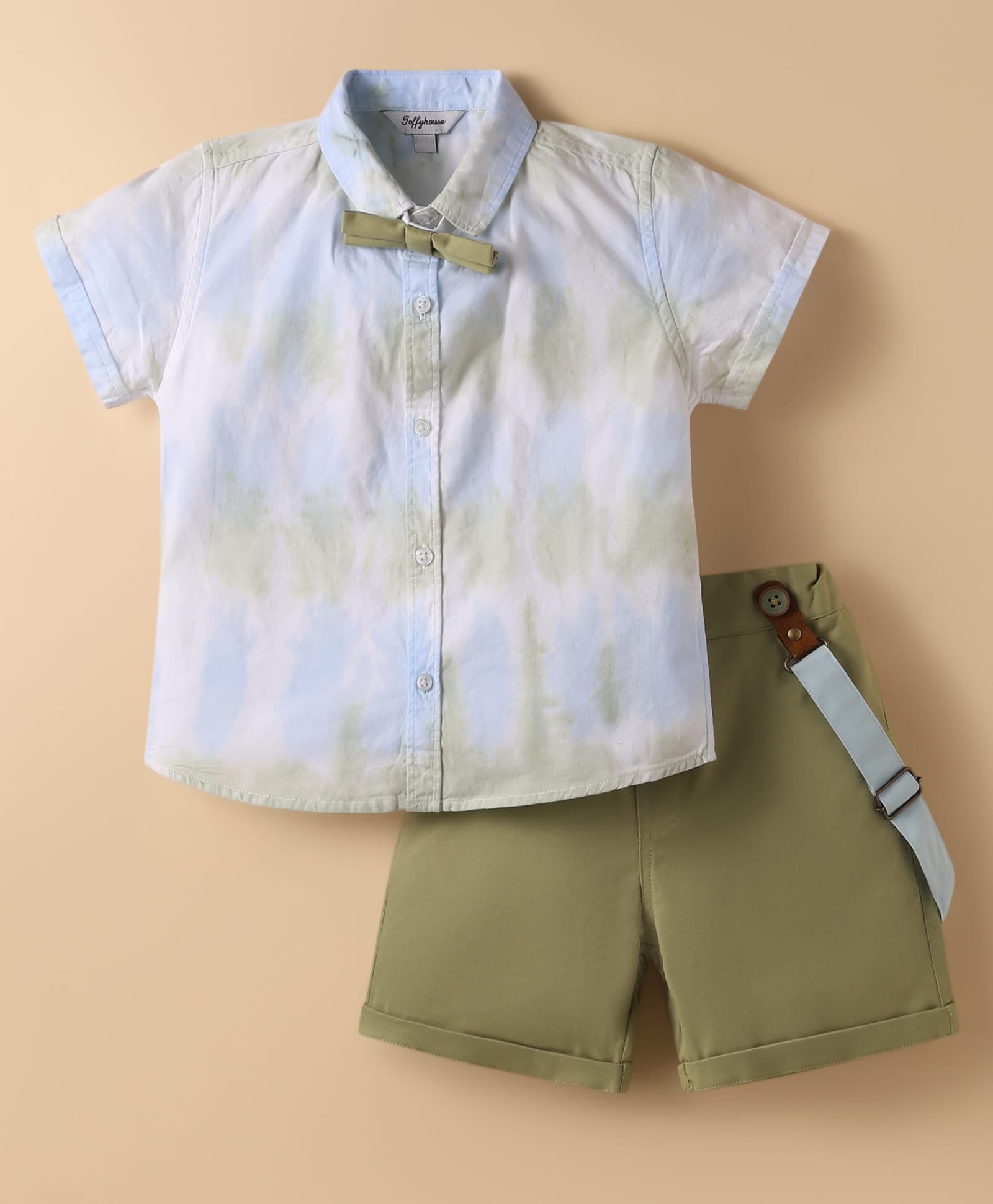 ToffyHouse 100% Cotton Half Sleeves Tie & Dye Printed Shirt & Short Set With Suspender & Bow - White & Olive Green-image-40