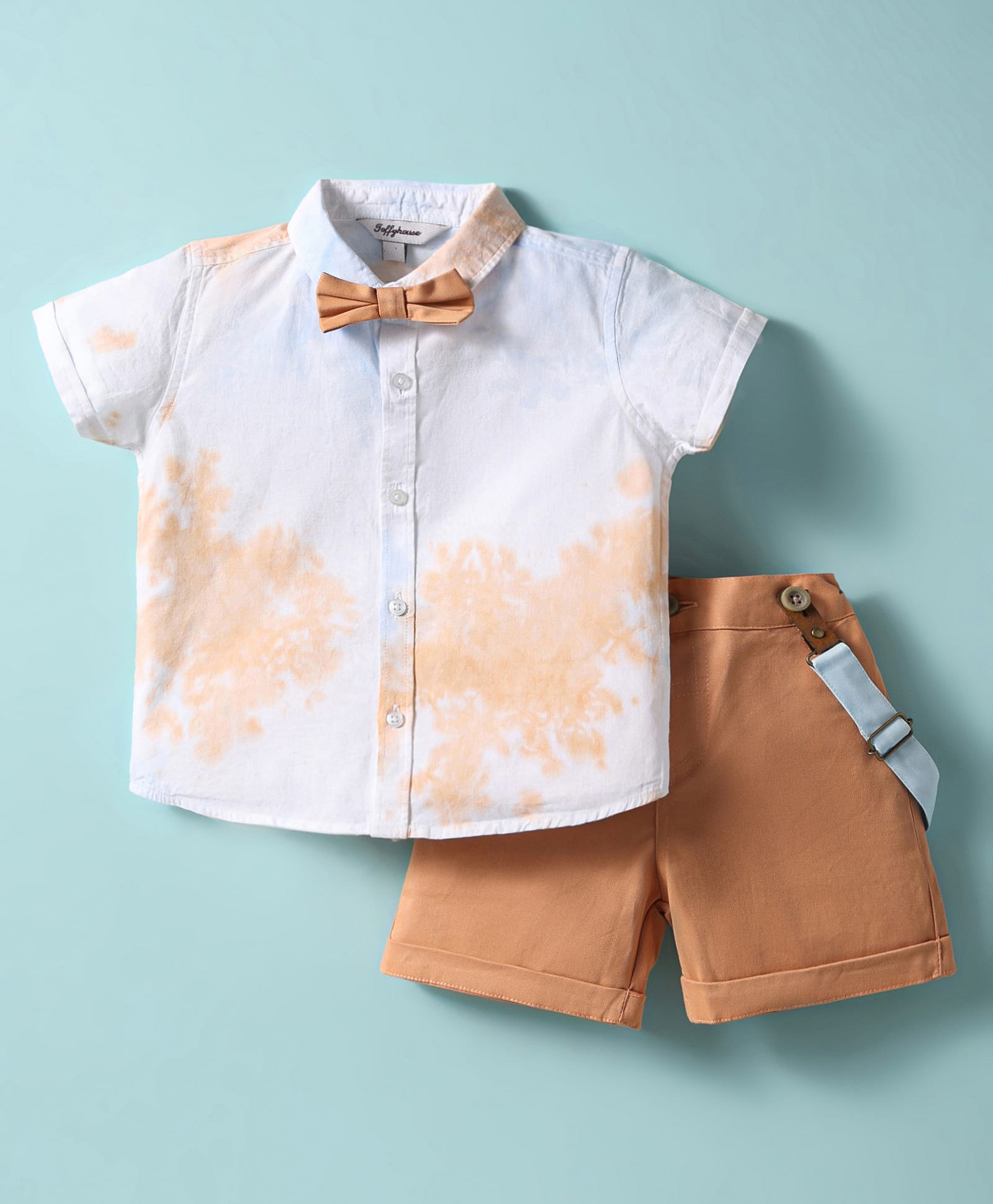 ToffyHouse Poplin Woven Half Sleeves Tie & Dye Shirt & Shorts Set with Bow & Suspender - White & Light Brown-image-40