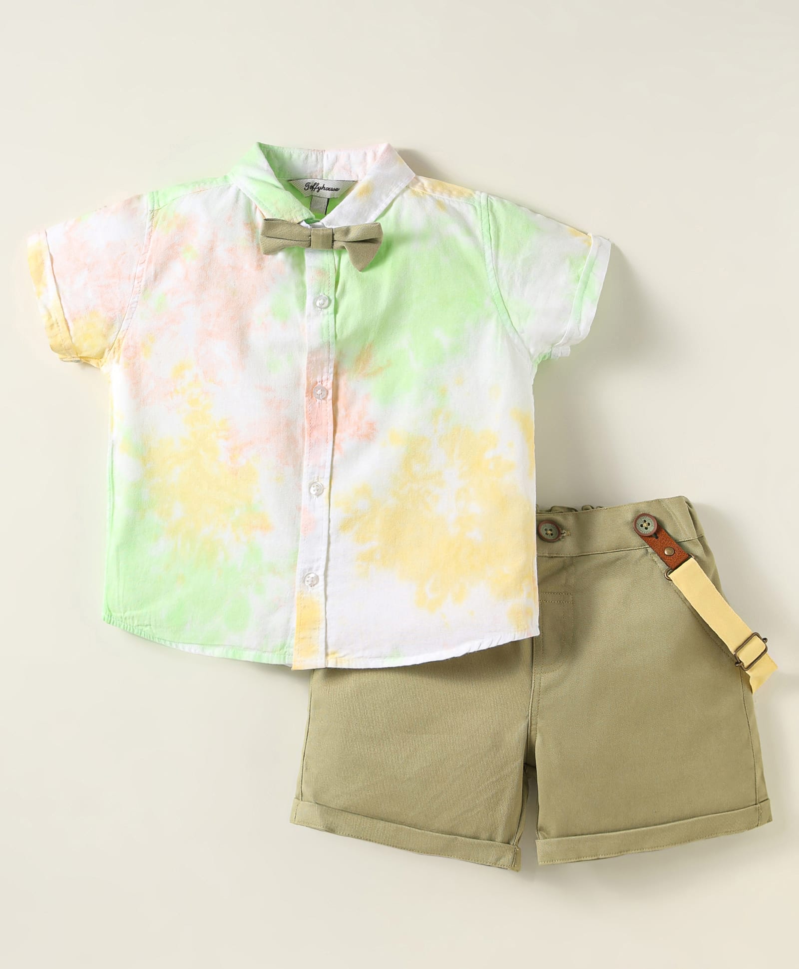 ToffyHouse Poplin Woven Half Sleeves Tie & Dye Shirt & Shorts Set with Bow & Suspender - White & Olive Green-image-39