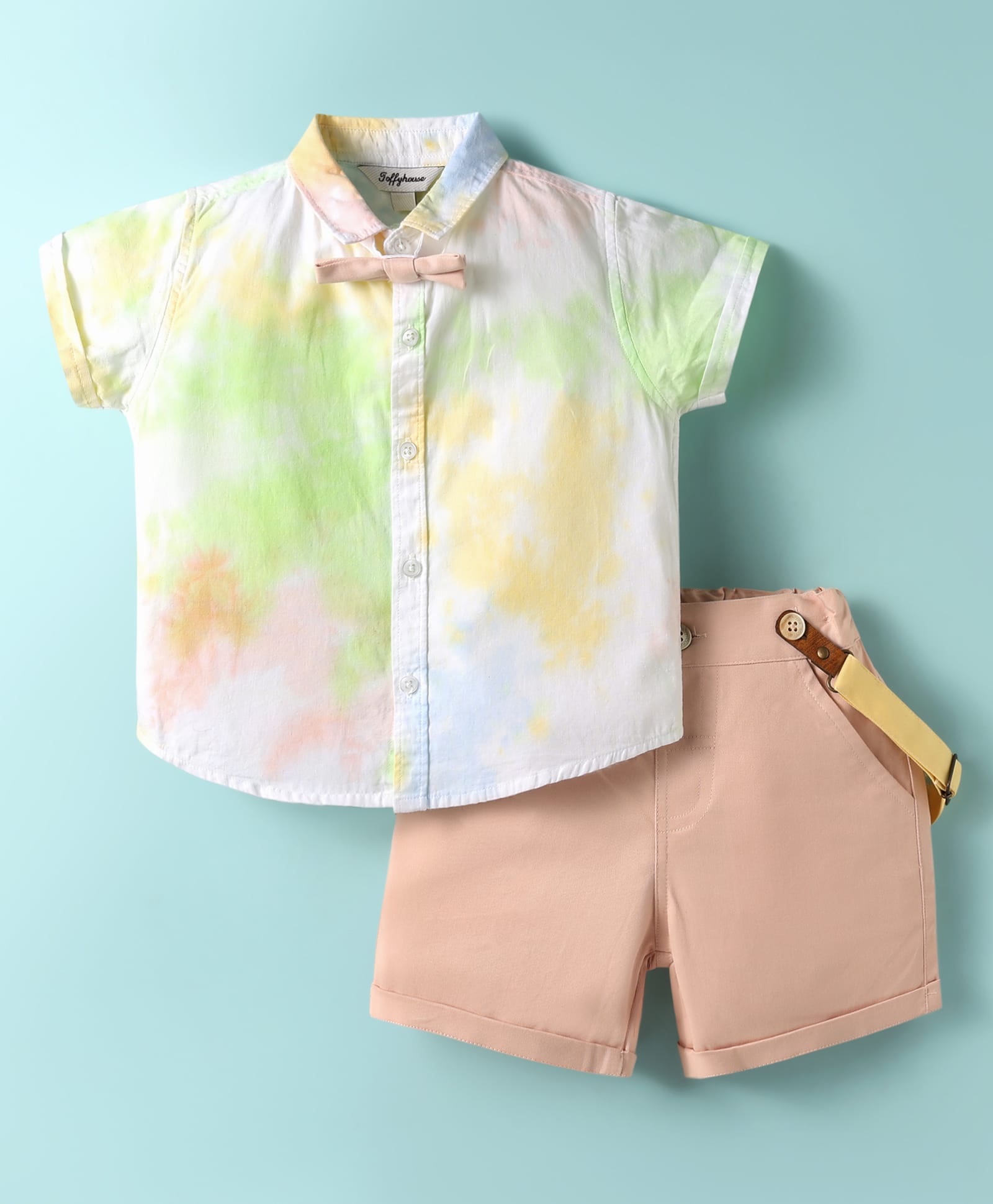 ToffyHouse 100% Woven Cotton Poplin Half Sleeves Ombre Dyed Shirt & Twill Woven Shorts Set With Bow & Suspender - Peach & White-image-22