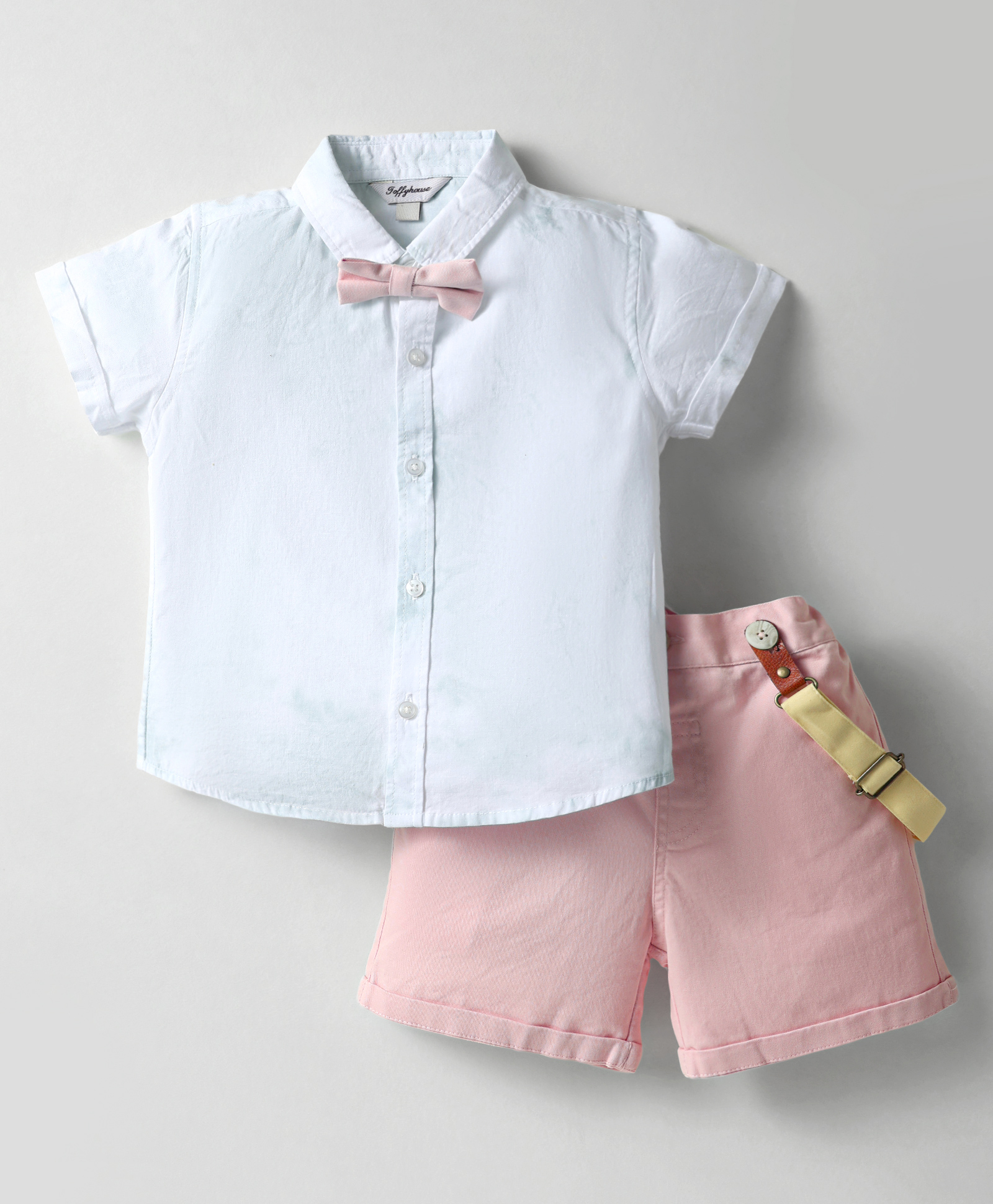 ToffyHouse Poplin Woven Half Sleeves Solid Shirt & Shorts With Bow & Suspender - Light Blue & Peach-image-35