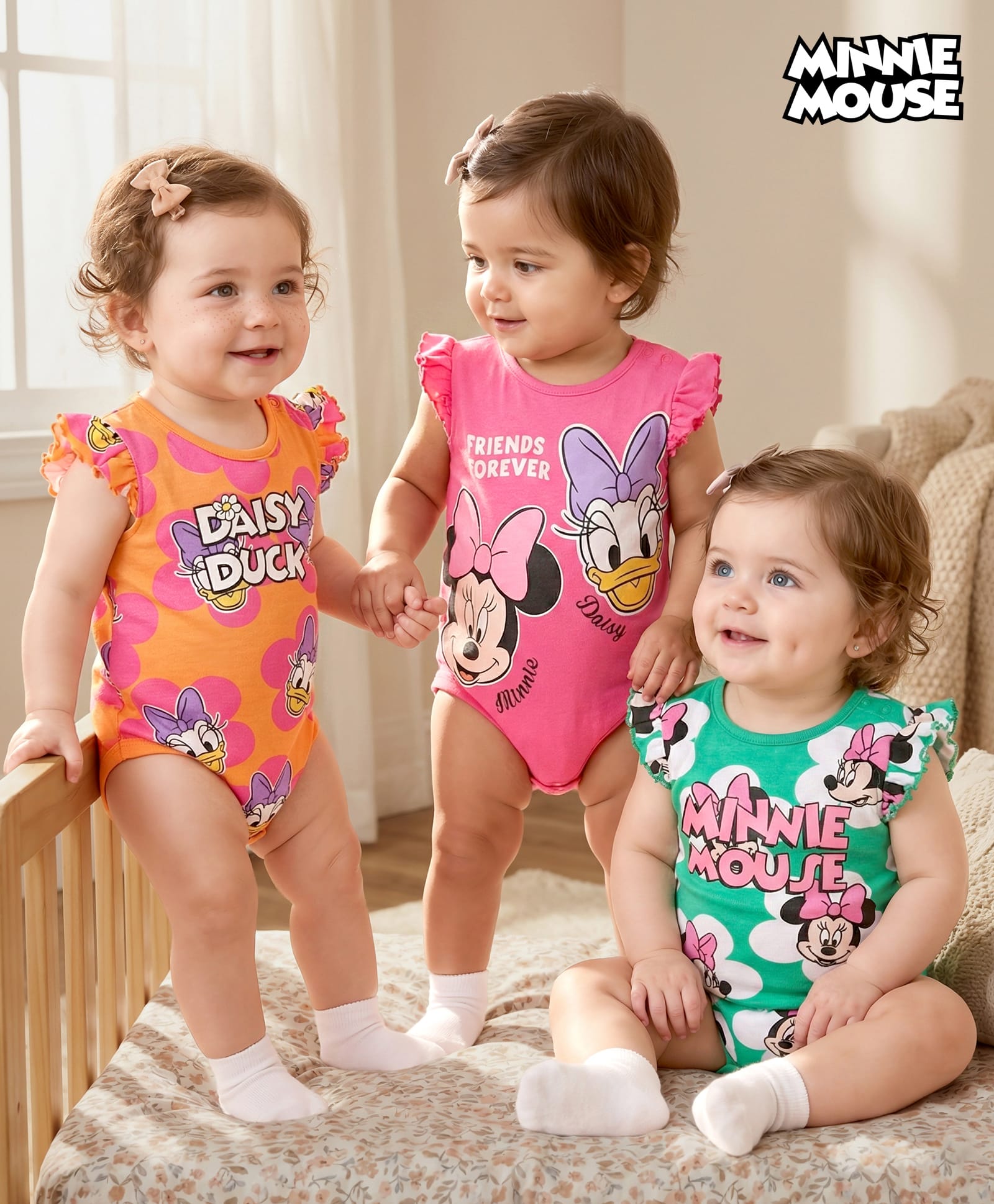 Babyhug Disney Interlock Knit Frill Sleeves Onsies with Minnie Mouse Graphics Pack of3 - Orange Pink & Light Green-image-37