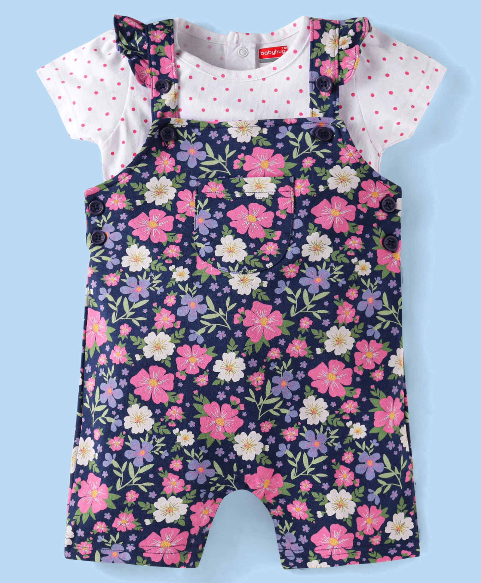 Babyhug Single Jersey Knit Half Sleeves Polka Dots & Floral Printed Top & Dungaree Style Romper with Frill Detailing - Navy & White-picture-22