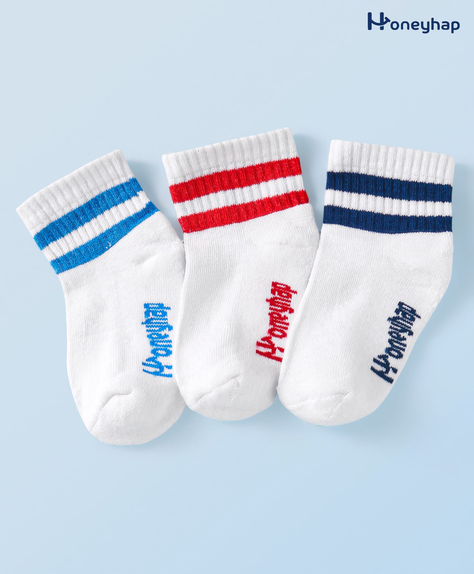 Honeyhap Premium Cotton Knit Ankle Length Bamboo Spandex Bio Finish Socks with Stripes & Brand Name Design Pack of 3 - Bright White Navy & Red-image-26