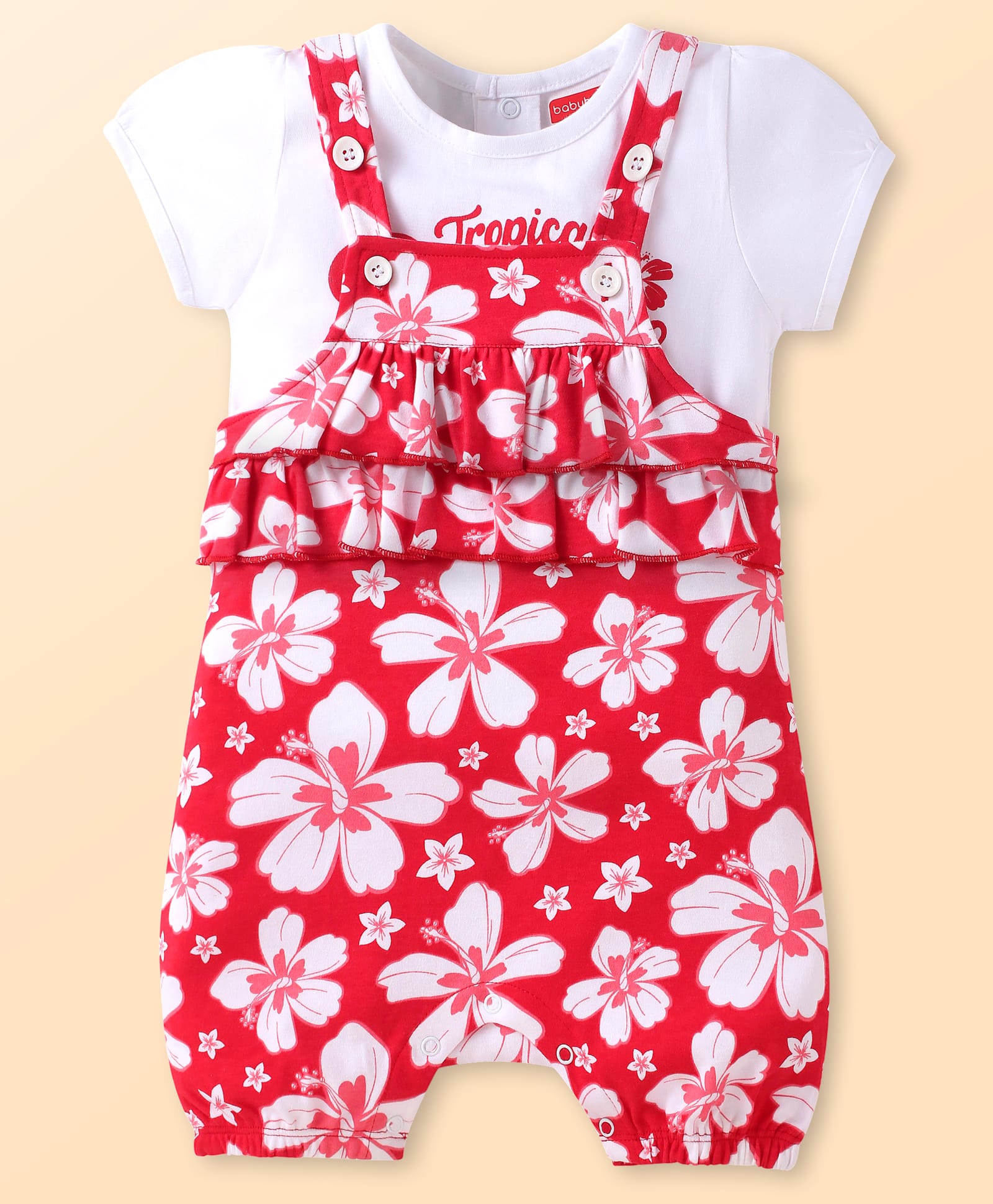 Babyhug Single Jersey Knit Floral Printed Dungaree with Half Sleeves Text Printed Top Set - White & Red-picture-27