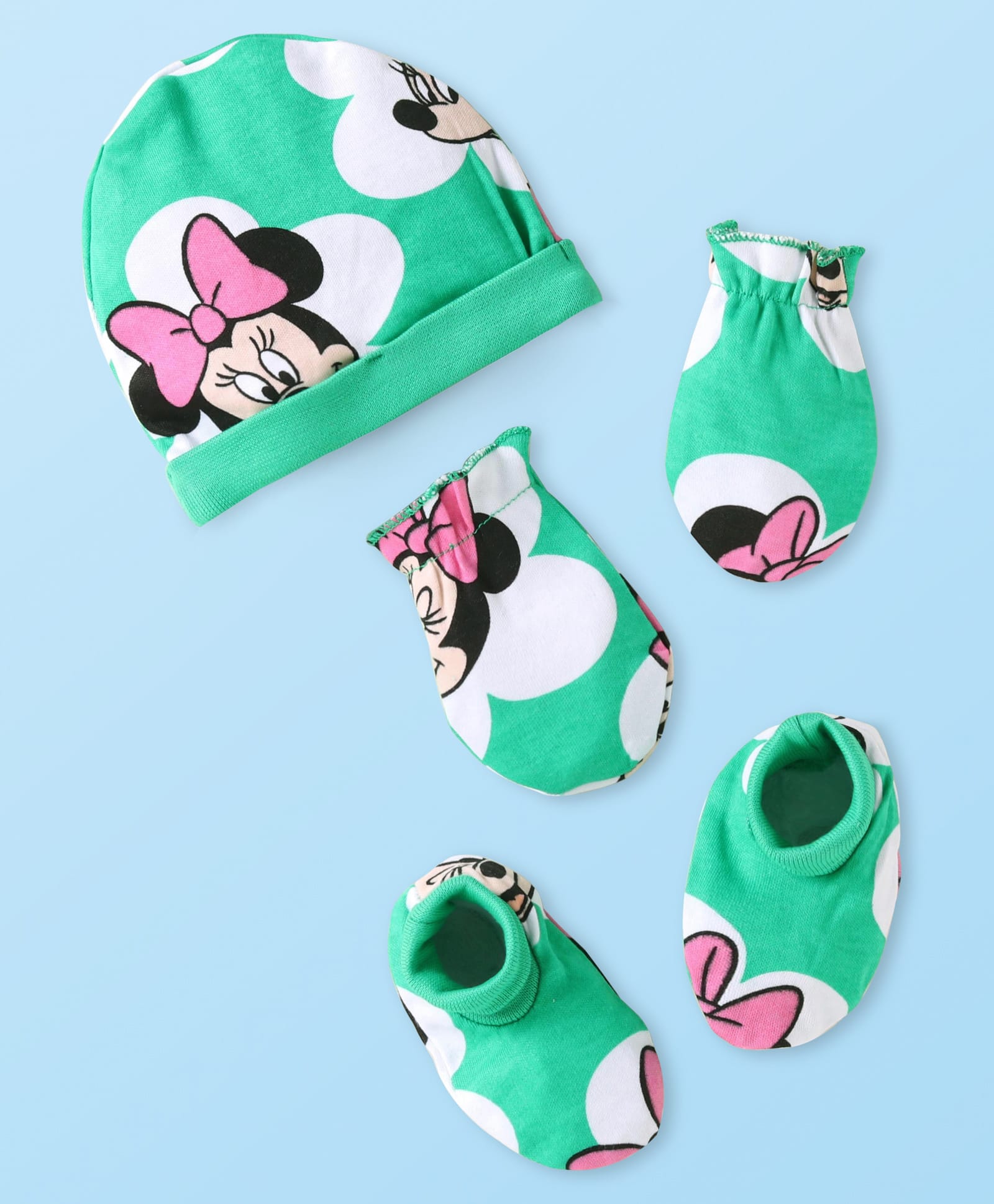 Babyhug Disney Interlock Knit Cap Mittens & Booties Set with Minnie Mouse Print Green - Diameter 10 cm-picture-26
