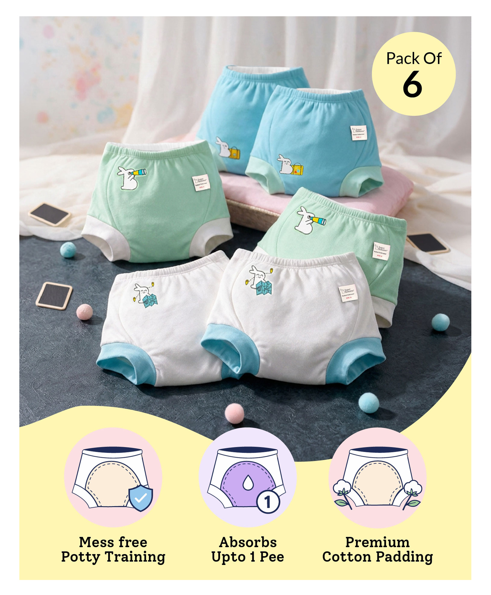 superbottoms padded underwear | for potty training & mess-free diaper-free time | prevents pee puddles | 3 layers of premium cotton padding | pull-up style potty trainers (pack of 6)| size 0 | 9-12m