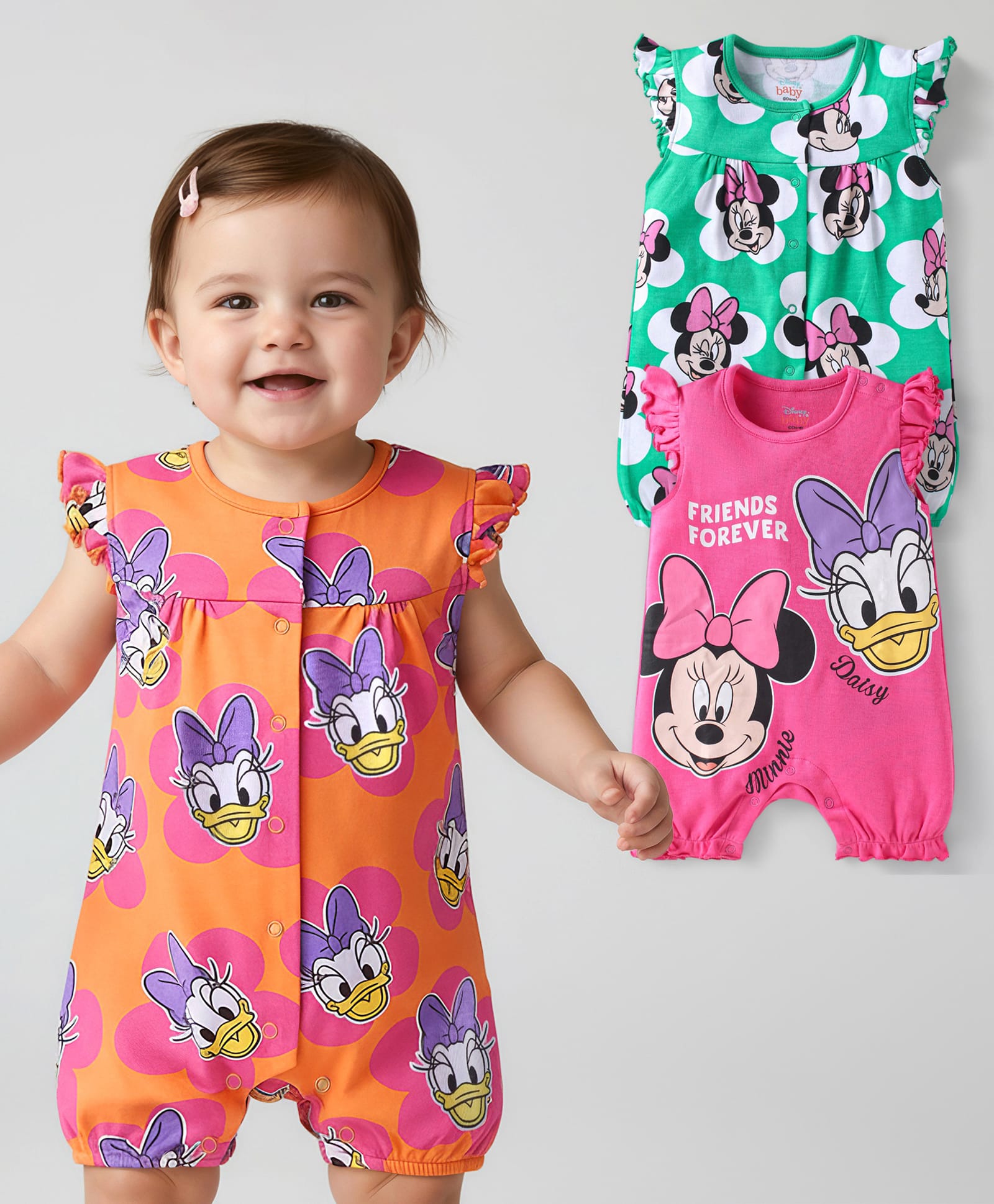 Babyhug Disney Interlock Knit Sleeveless Rompers With Minnie Mouse Graphics Pack of 3 - Dark Pink Green & Orange-image-4