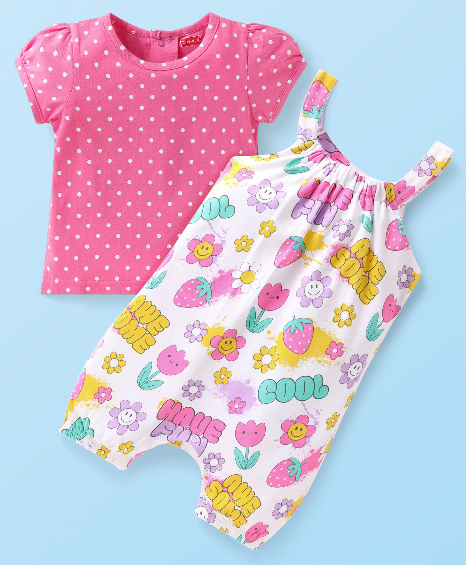 Babyhug Single Jersey Knit Dungaree & Half Sleeves T-Shirt With Floral & Polka Dot Print - White & Pink-image-21