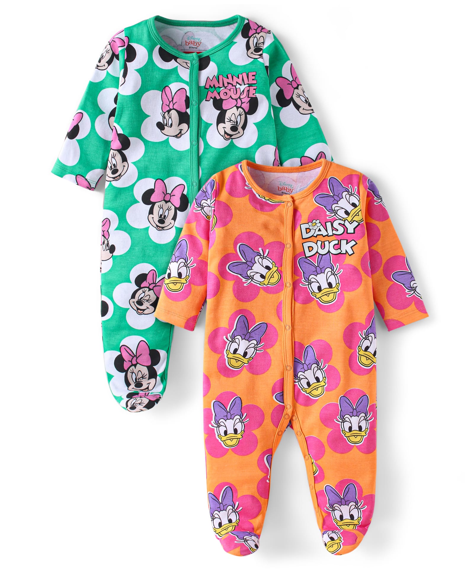 Babyhug Disney Interlock Knit Full Sleeves Footed Sleepsuits With Minnie Mouse Graphics Pack Of 2 - Green Orange-image-26