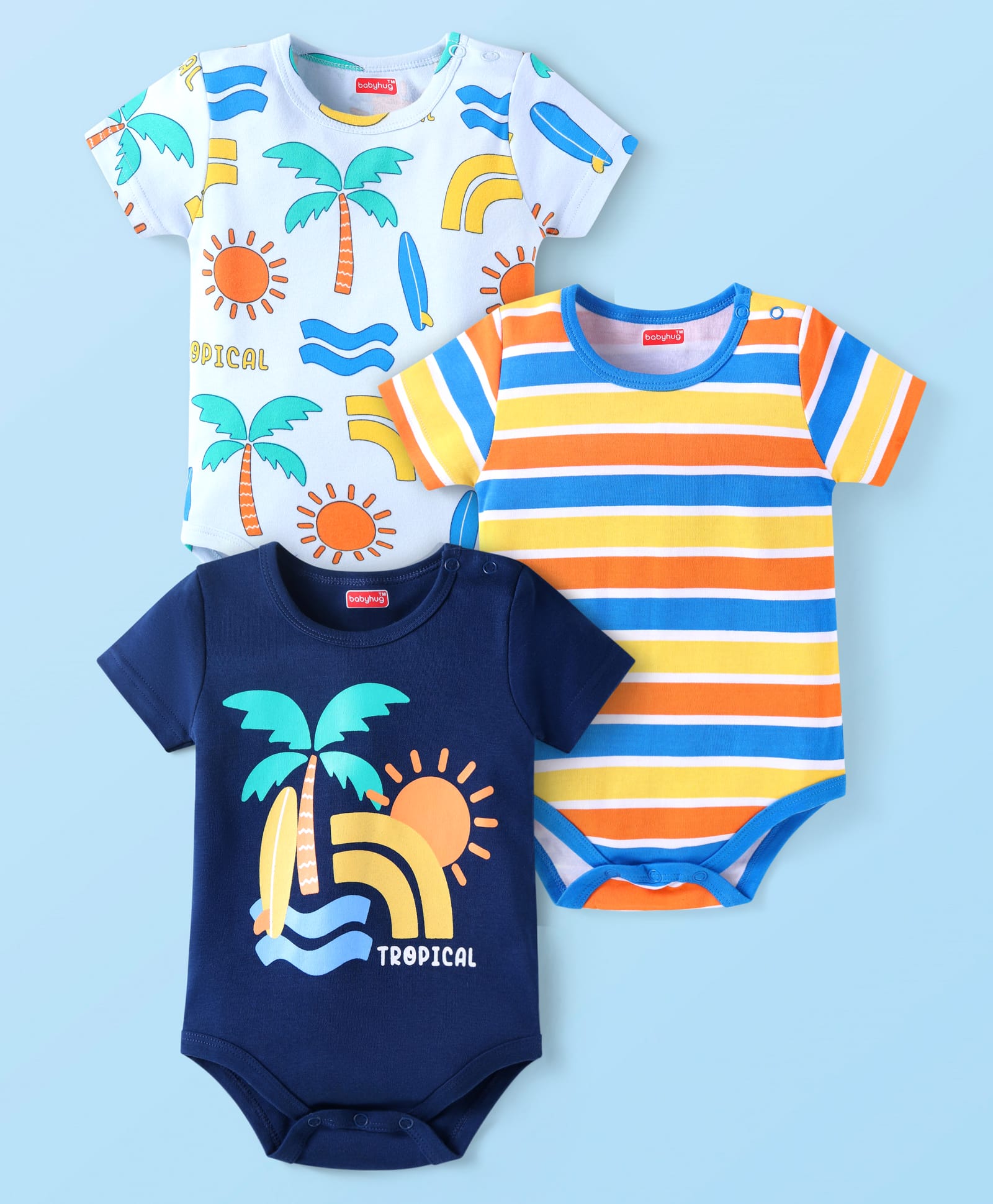 Babyhug 100% Cotton Knit Half Sleeves Striped & Beach Theme Printed Onesies Pack of 3 - Navy & White-image-16