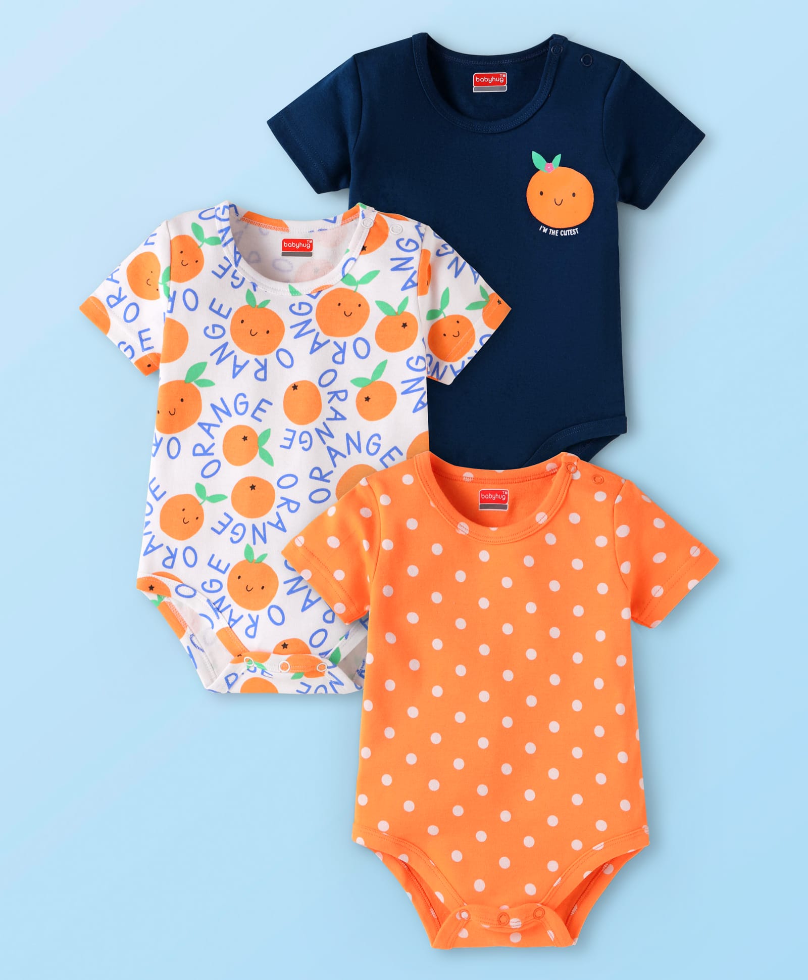 Babyhug 100% Cotton Knit Half Sleeves Tangerine Printed OnesiesPack of 3 - Orange White & Black