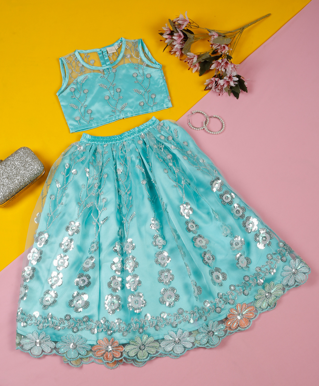 Saka Designs By Sapna Net Woven Sleeveless Floral Embroidered & Sequins Embellished Lehenga Choli Set - Blue-picture-19