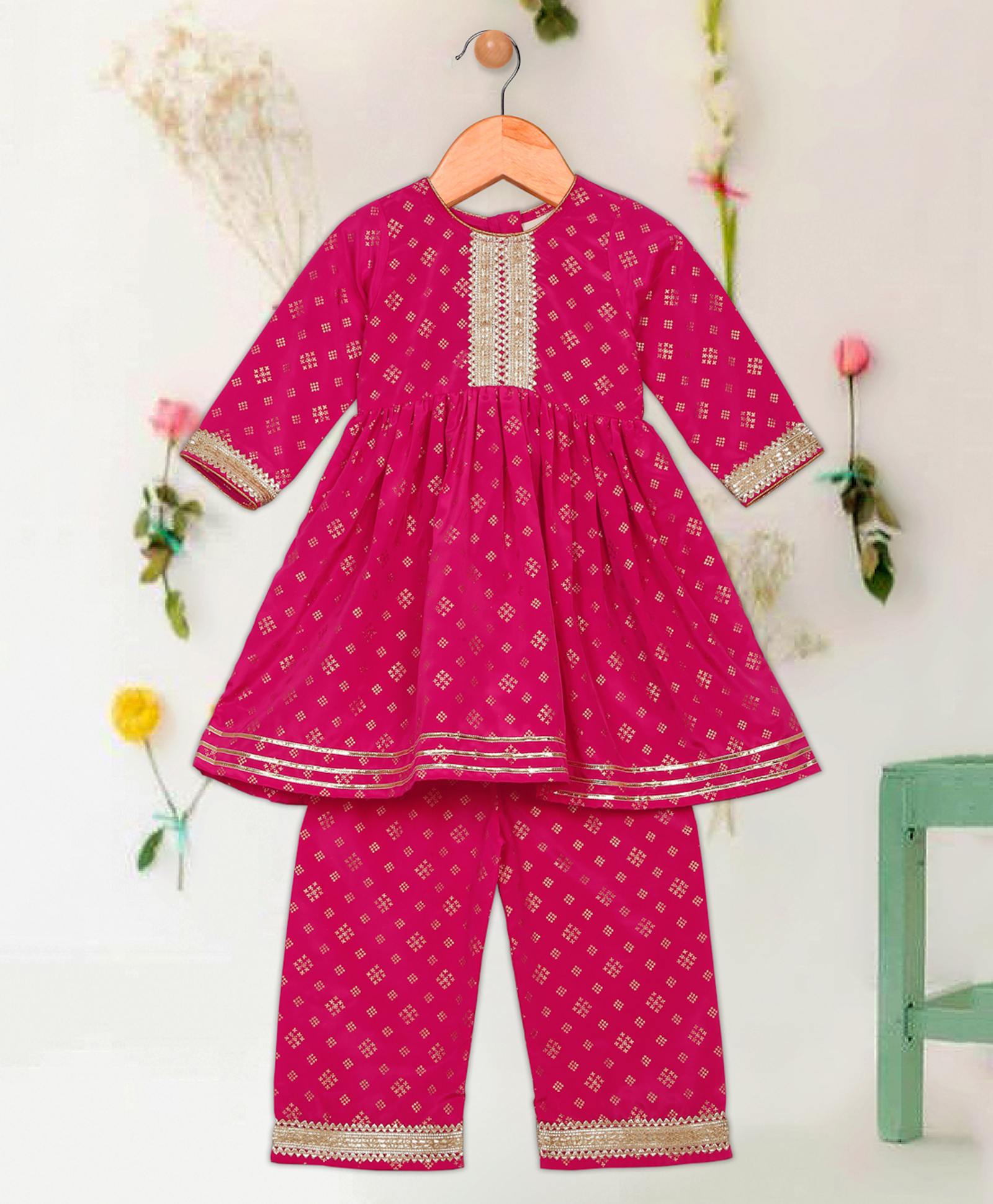Saka Designs By Sapna Rayon Three Fourth Sleeves Bandhani Foil Printed & Lace Embellished Kurta Palazzo Set - Magenta-picture-35