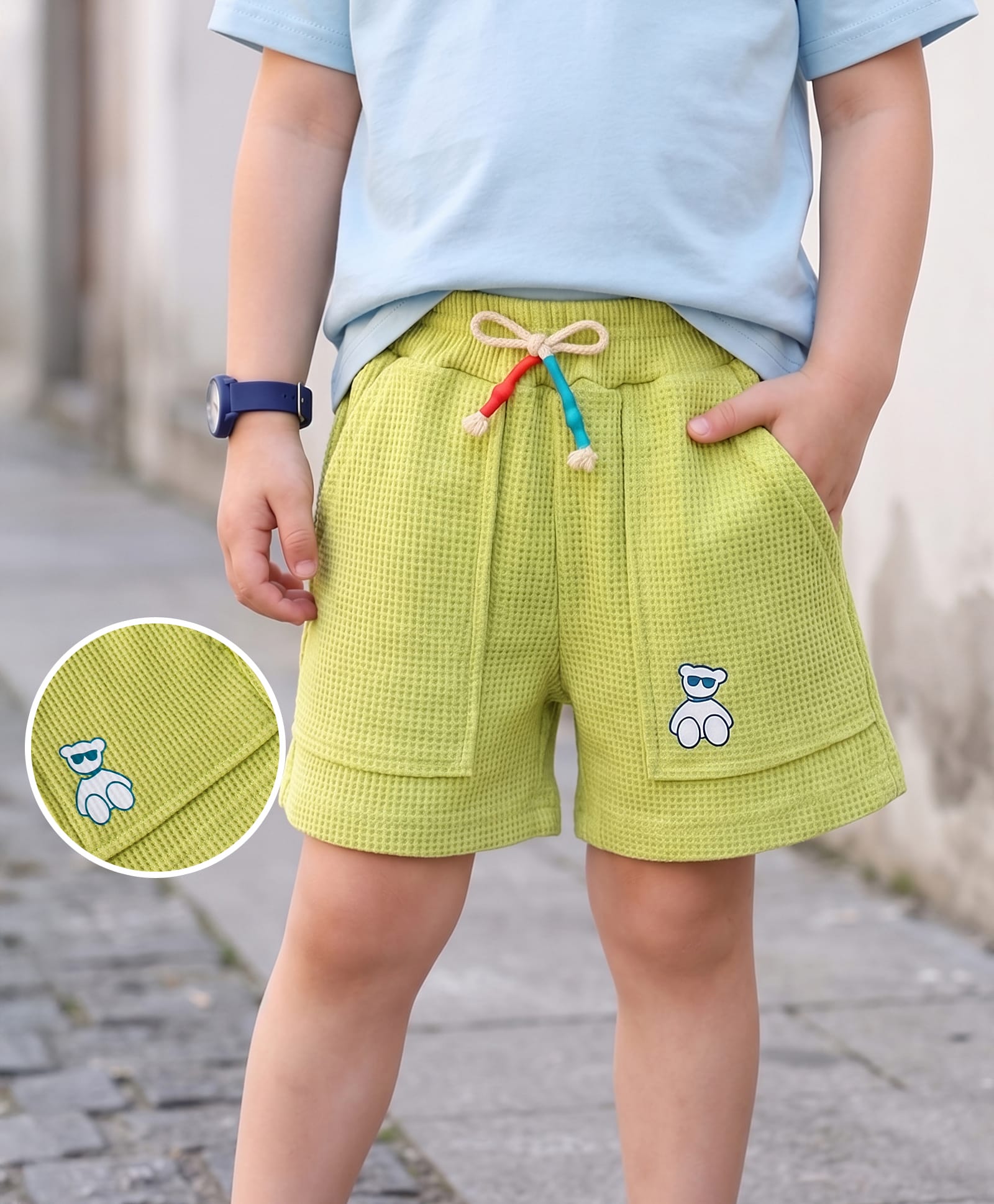 Mark & Mia Shorts With Teddy Bear Print & Bow Applique - Light Green-picture-20