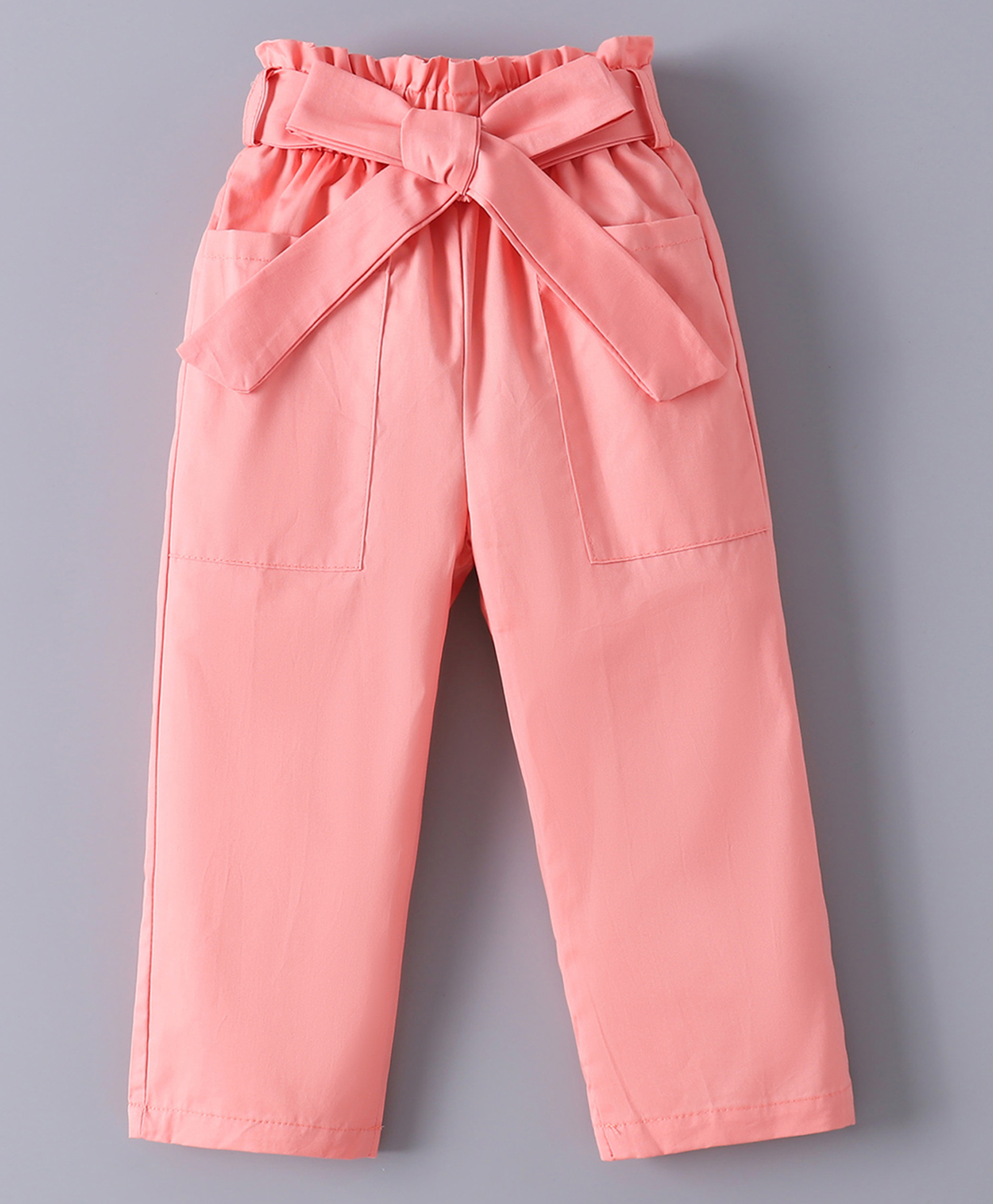 Mark & Mia Full Length Solid Cotton Trouser With Paper Bag Waist & Bow Applique - Pink-picture-16